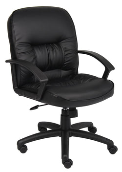 Boss LeatherPlus Mid-Back Executive Chair with Nylon Base and Polypropylene Loop Arms, Black (B7306)