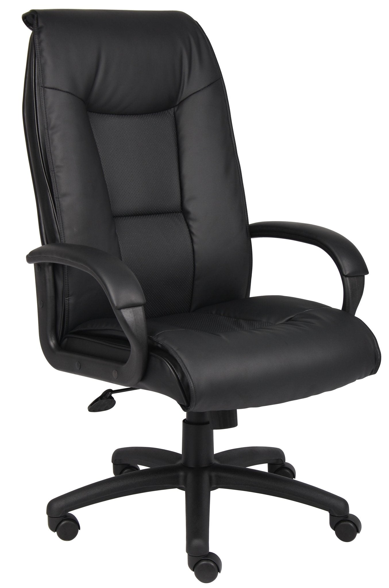 Boss LeatherPlus High - Back Executive Chair with Padded Loop Arms and Pillow - Top Cushions, Black (B7601) - SchoolOutlet