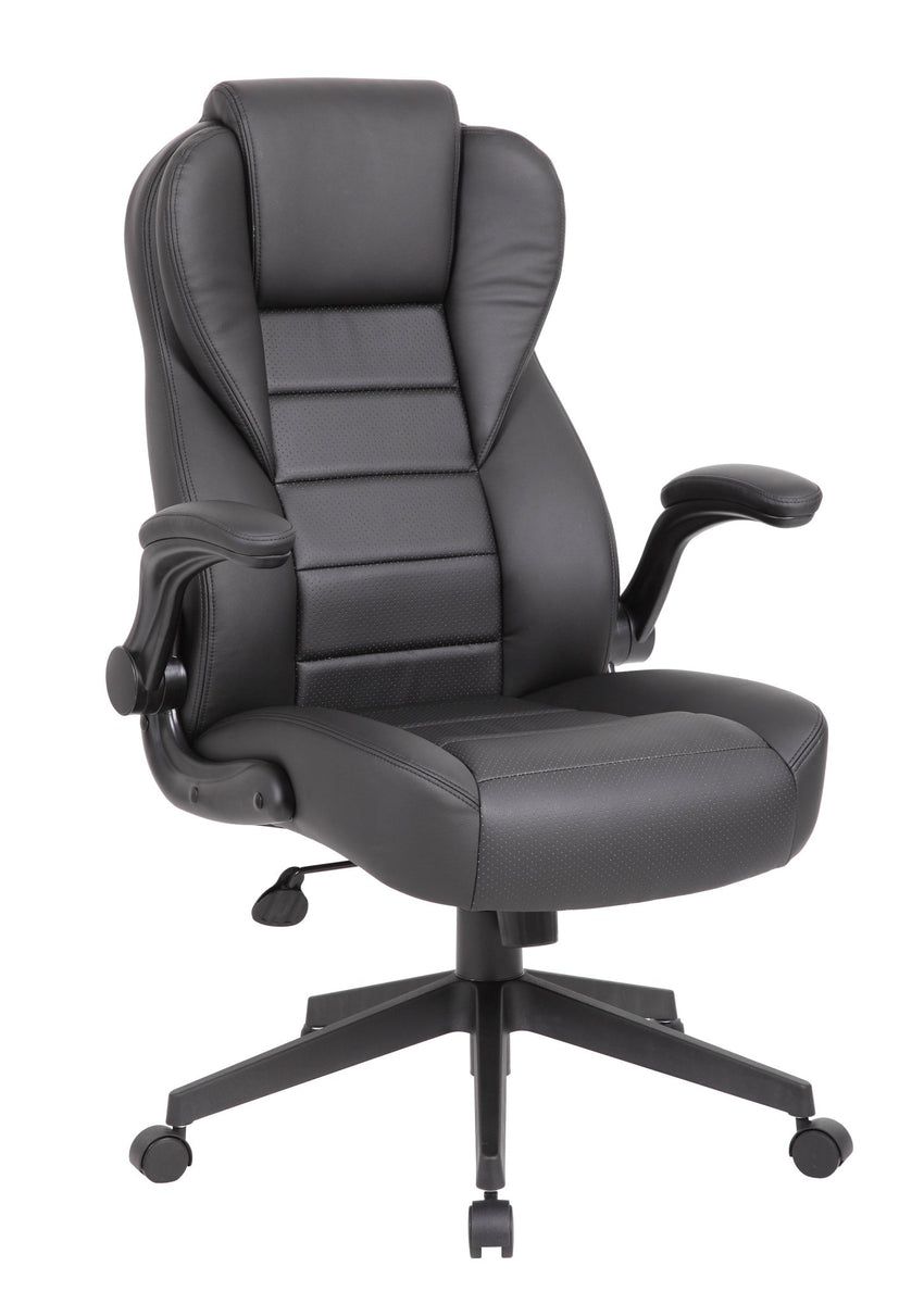 Boss CaressoftPlus Vinyl High - Back Executive Chair with Flip - Up Arms, Black (B8551) - SchoolOutlet