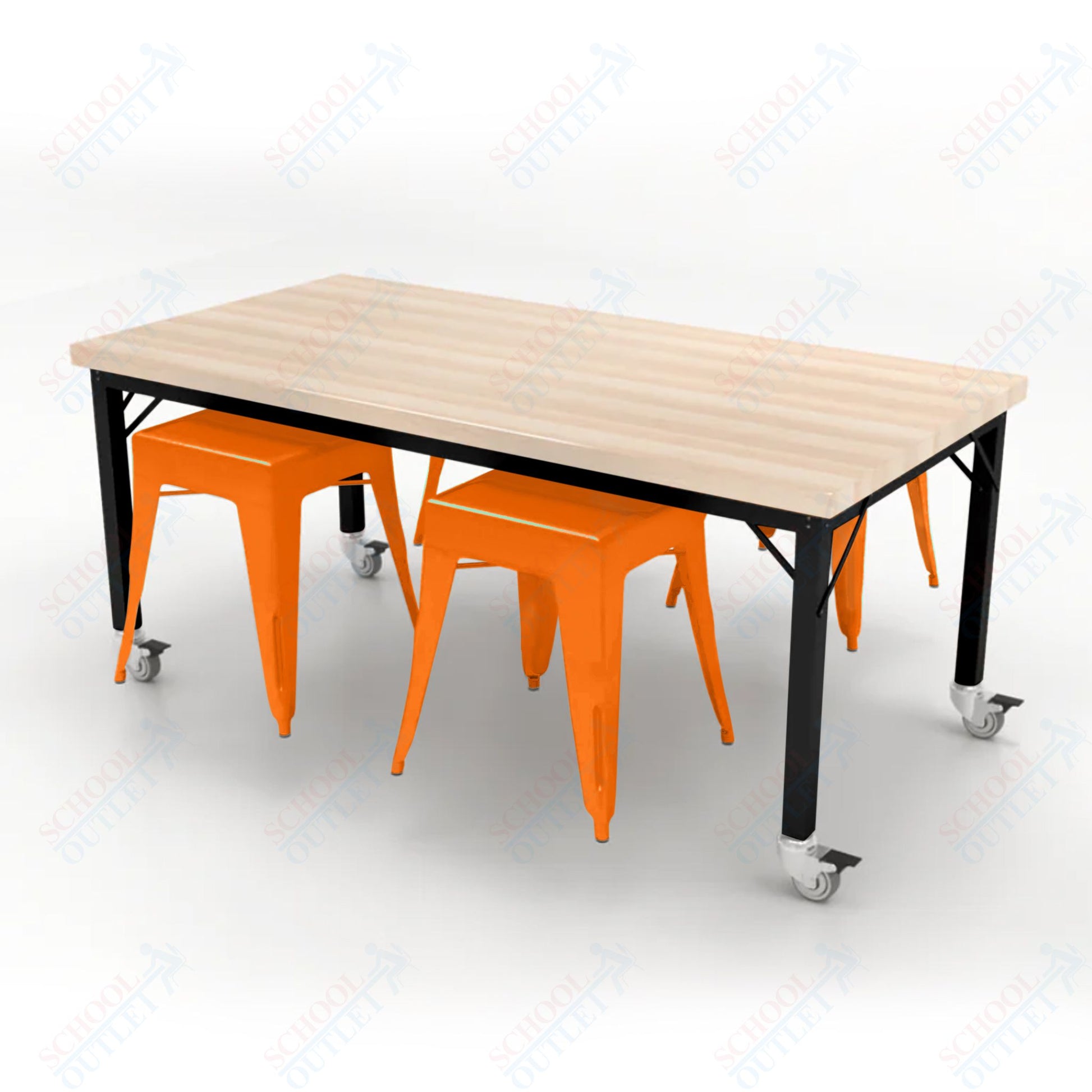 CEF Brainstorm Workbench 26"H with Butcher Block Top and Steel Frame, 4 Magnetic Metal Stools Included, for Kindergarten - 2nd Grade - SchoolOutlet