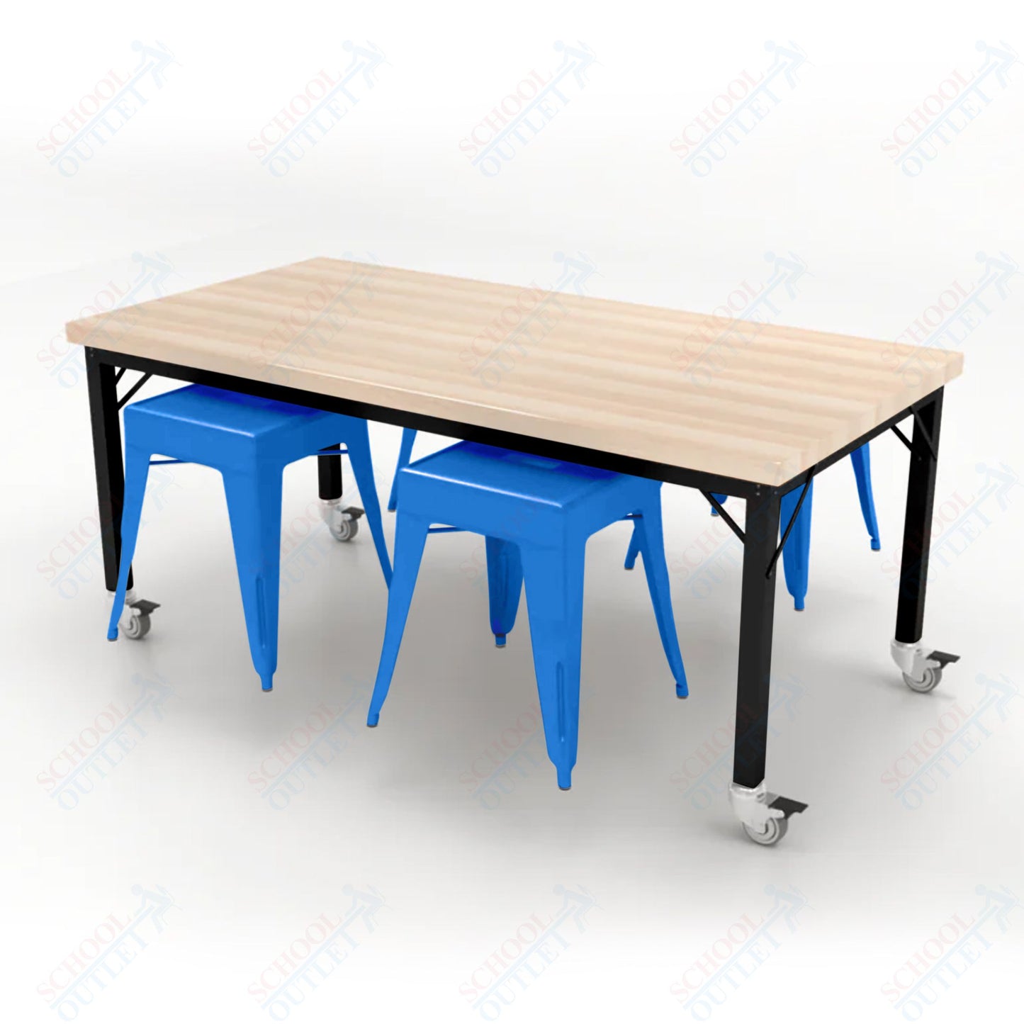 CEF Brainstorm Workbench 26"H with Butcher Block Top and Steel Frame, 4 Magnetic Metal Stools Included, for Kindergarten - 2nd Grade - SchoolOutlet