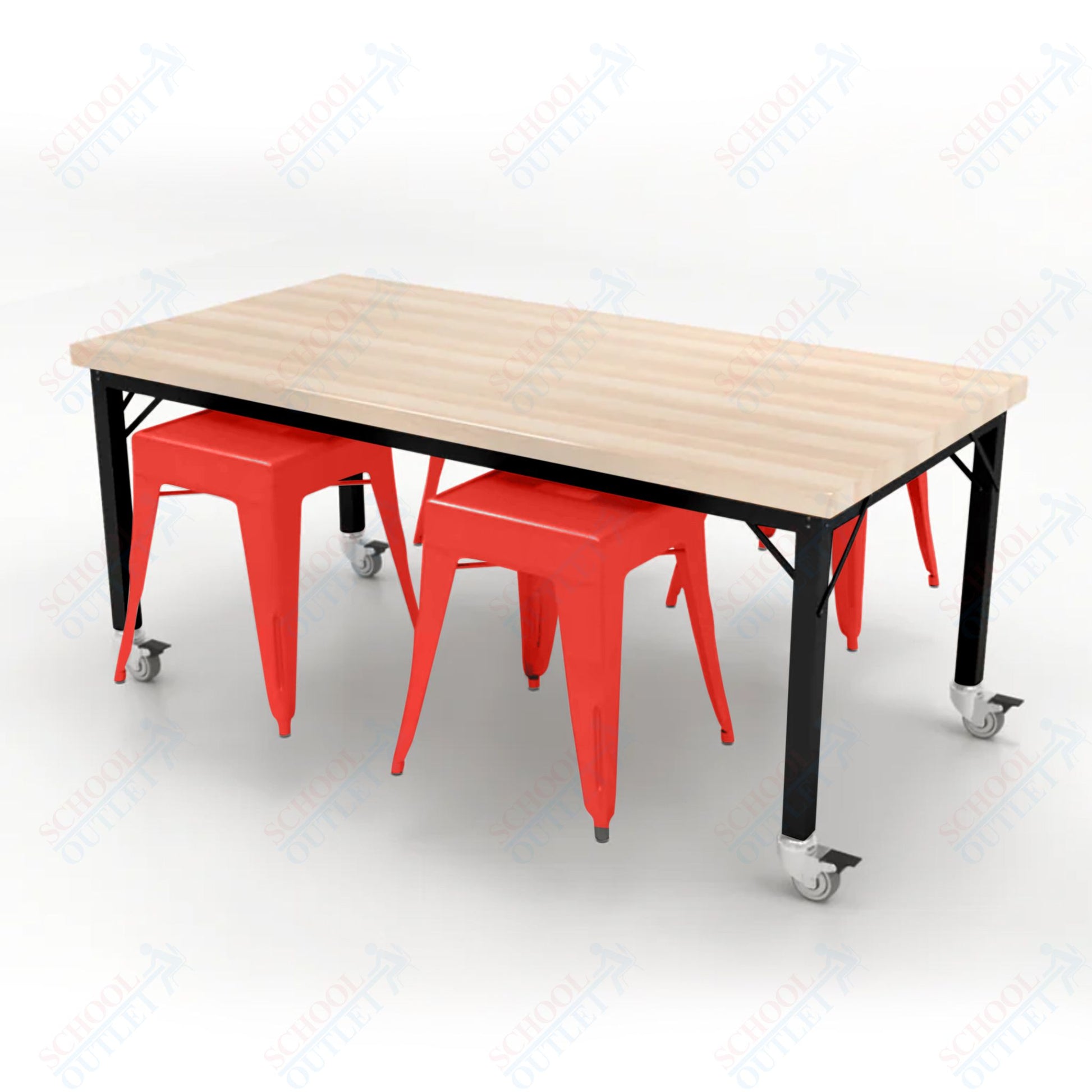 CEF Brainstorm Workbench 26"H with Butcher Block Top and Steel Frame, 4 Magnetic Metal Stools Included, for Kindergarten - 2nd Grade - SchoolOutlet