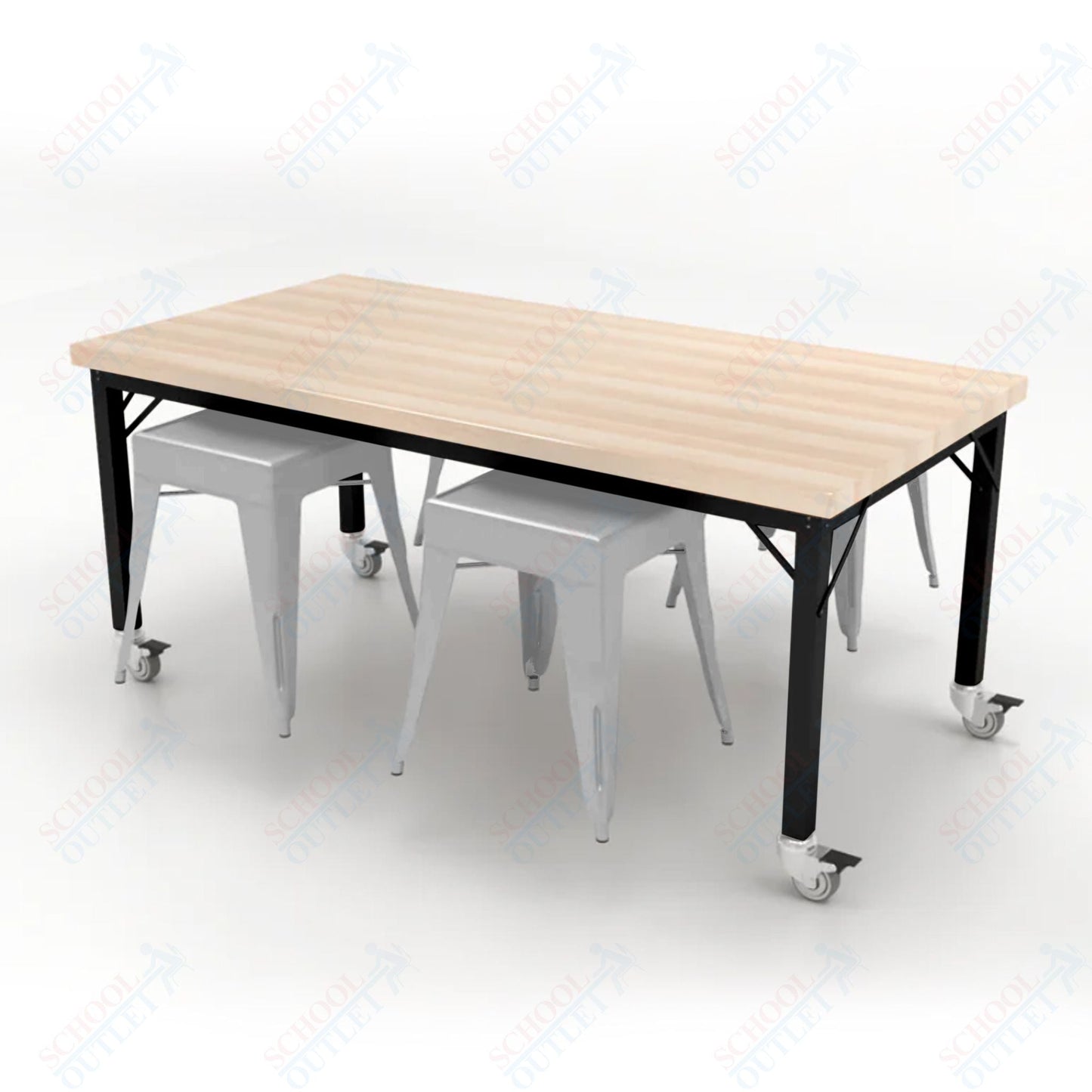 CEF Brainstorm Workbench 26"H with Butcher Block Top and Steel Frame, 4 Magnetic Metal Stools Included, for Kindergarten - 2nd Grade - SchoolOutlet