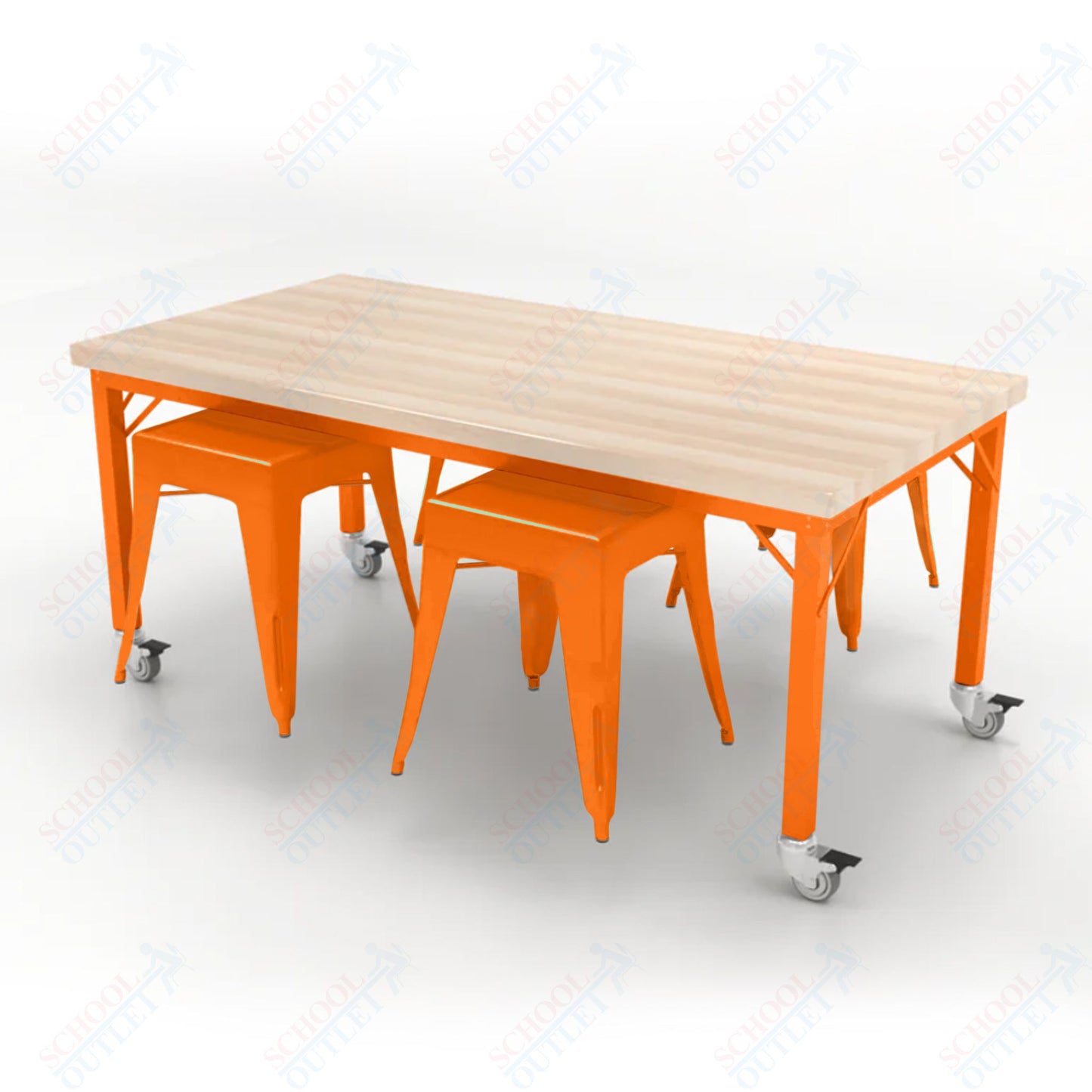 CEF Brainstorm Workbench 26"H with Butcher Block Top and Steel Frame, 4 Magnetic Metal Stools Included, for Kindergarten - 2nd Grade - SchoolOutlet