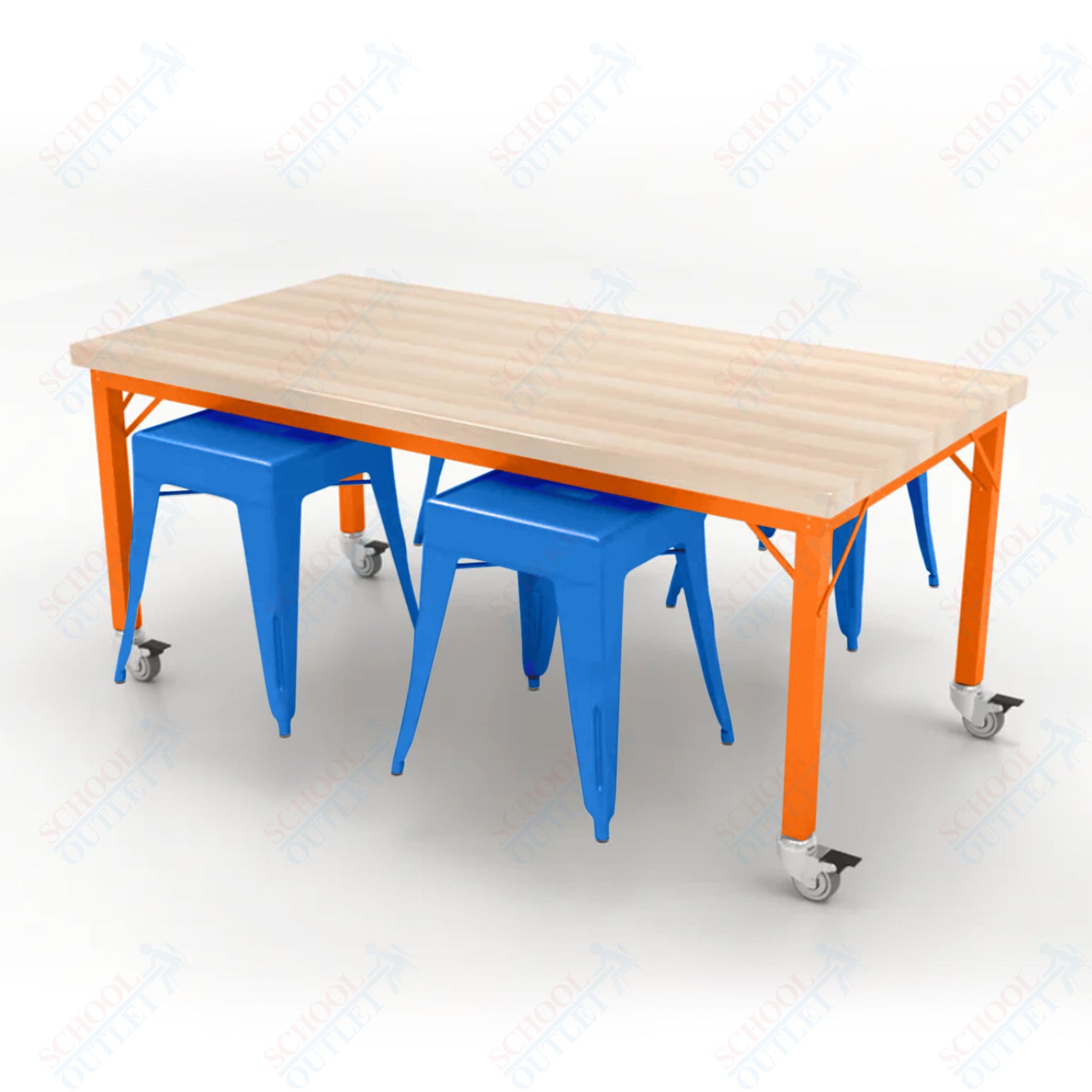 CEF Brainstorm Workbench 26"H with Butcher Block Top and Steel Frame, 4 Magnetic Metal Stools Included, for Kindergarten - 2nd Grade - SchoolOutlet