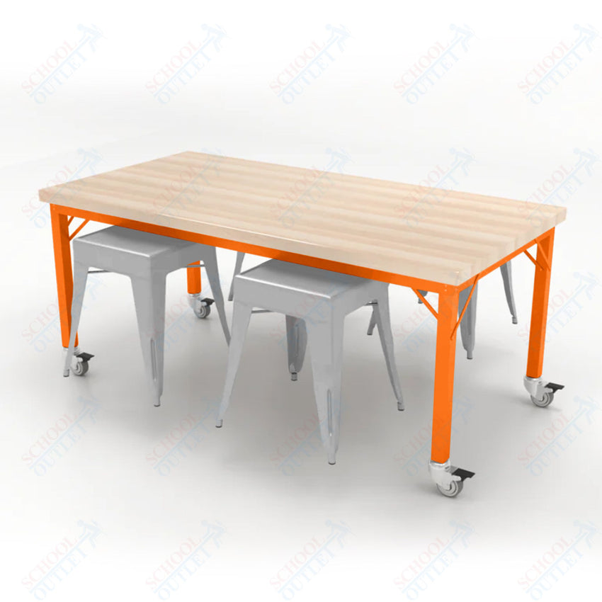 CEF Brainstorm Workbench 26"H with Butcher Block Top and Steel Frame, 4 Magnetic Metal Stools Included, for Kindergarten - 2nd Grade - SchoolOutlet