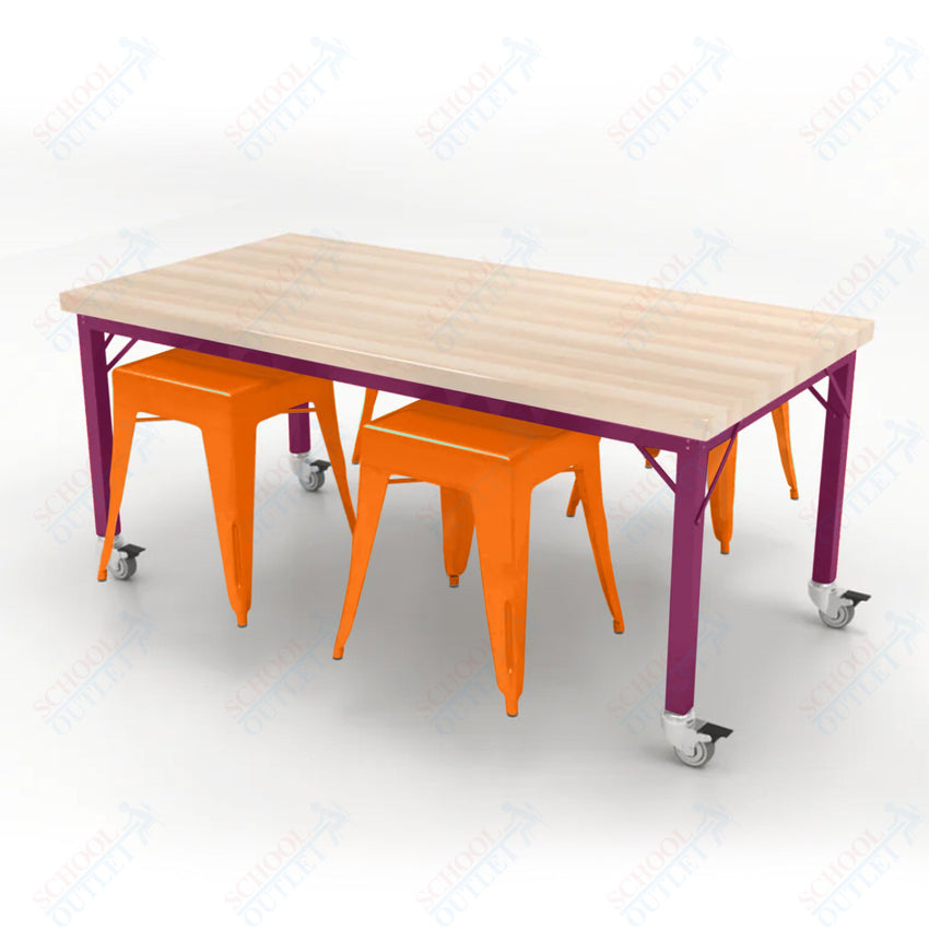 CEF Brainstorm Workbench 26"H with Butcher Block Top and Steel Frame, 4 Magnetic Metal Stools Included, for Kindergarten - 2nd Grade - SchoolOutlet