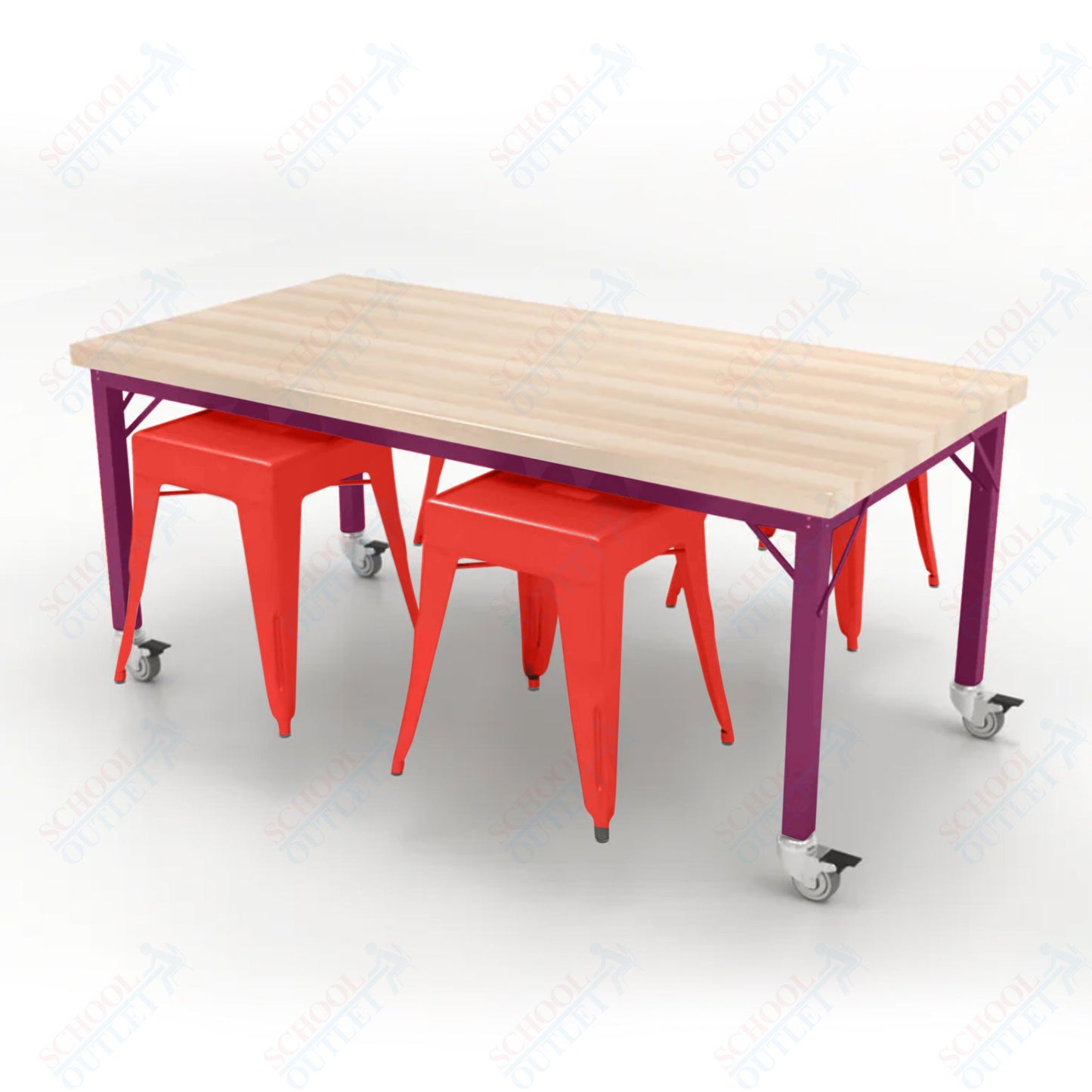 CEF Brainstorm Workbench 26"H with Butcher Block Top and Steel Frame, 4 Magnetic Metal Stools Included, for Kindergarten - 2nd Grade - SchoolOutlet