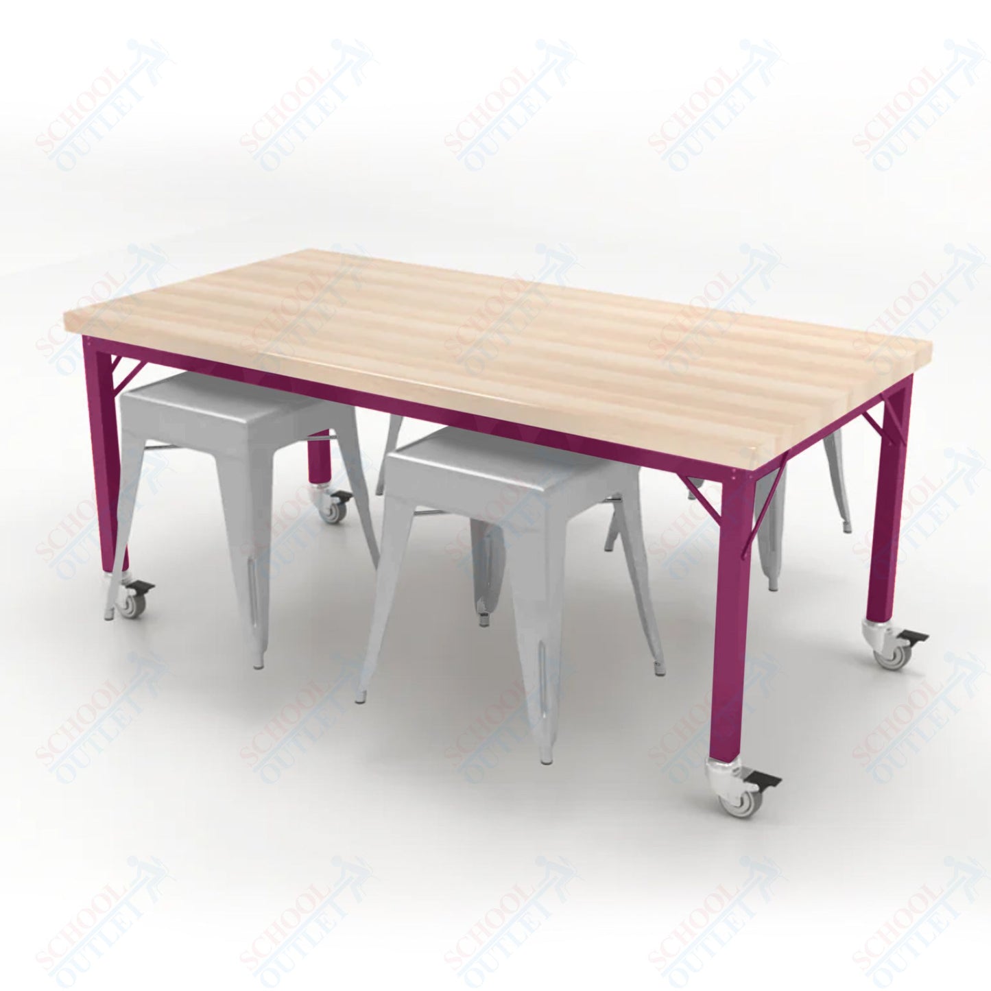 CEF Brainstorm Workbench 26"H with Butcher Block Top and Steel Frame, 4 Magnetic Metal Stools Included, for Kindergarten - 2nd Grade - SchoolOutlet