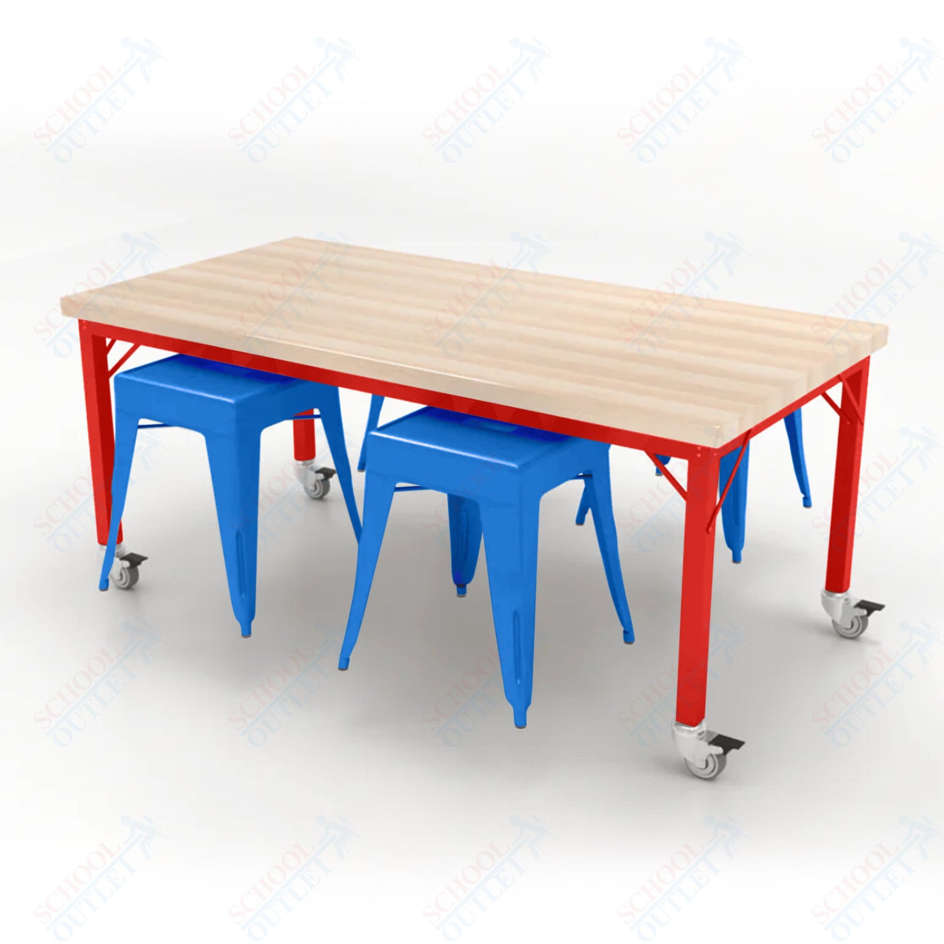 CEF Brainstorm Workbench 26"H with Butcher Block Top and Steel Frame, 4 Magnetic Metal Stools Included, for Kindergarten - 2nd Grade - SchoolOutlet