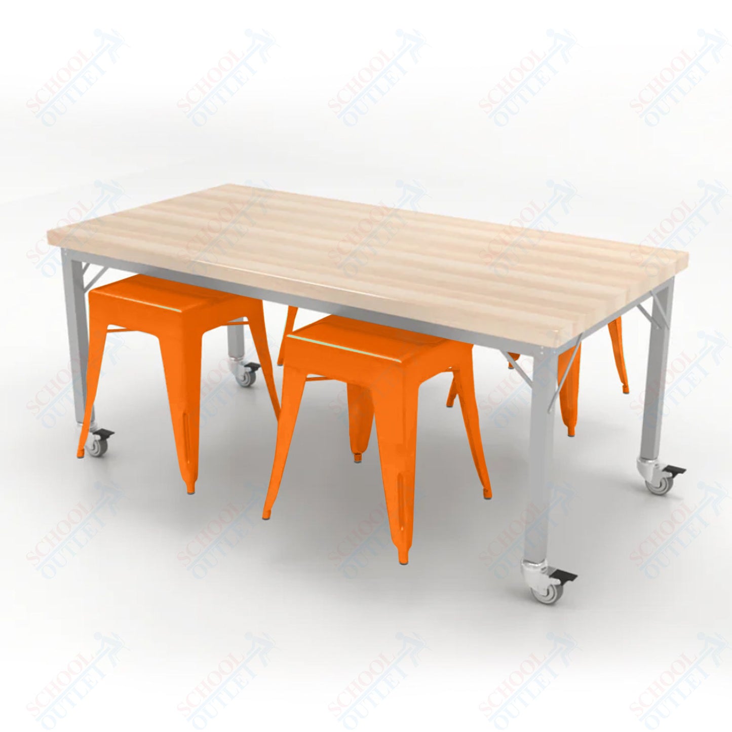 CEF Brainstorm Workbench 26"H with Butcher Block Top and Steel Frame, 4 Magnetic Metal Stools Included, for Kindergarten - 2nd Grade - SchoolOutlet