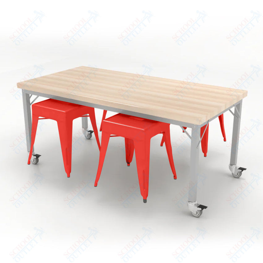 CEF Brainstorm Workbench 26"H with Butcher Block Top and Steel Frame, 4 Magnetic Metal Stools Included, for Kindergarten - 2nd Grade - SchoolOutlet