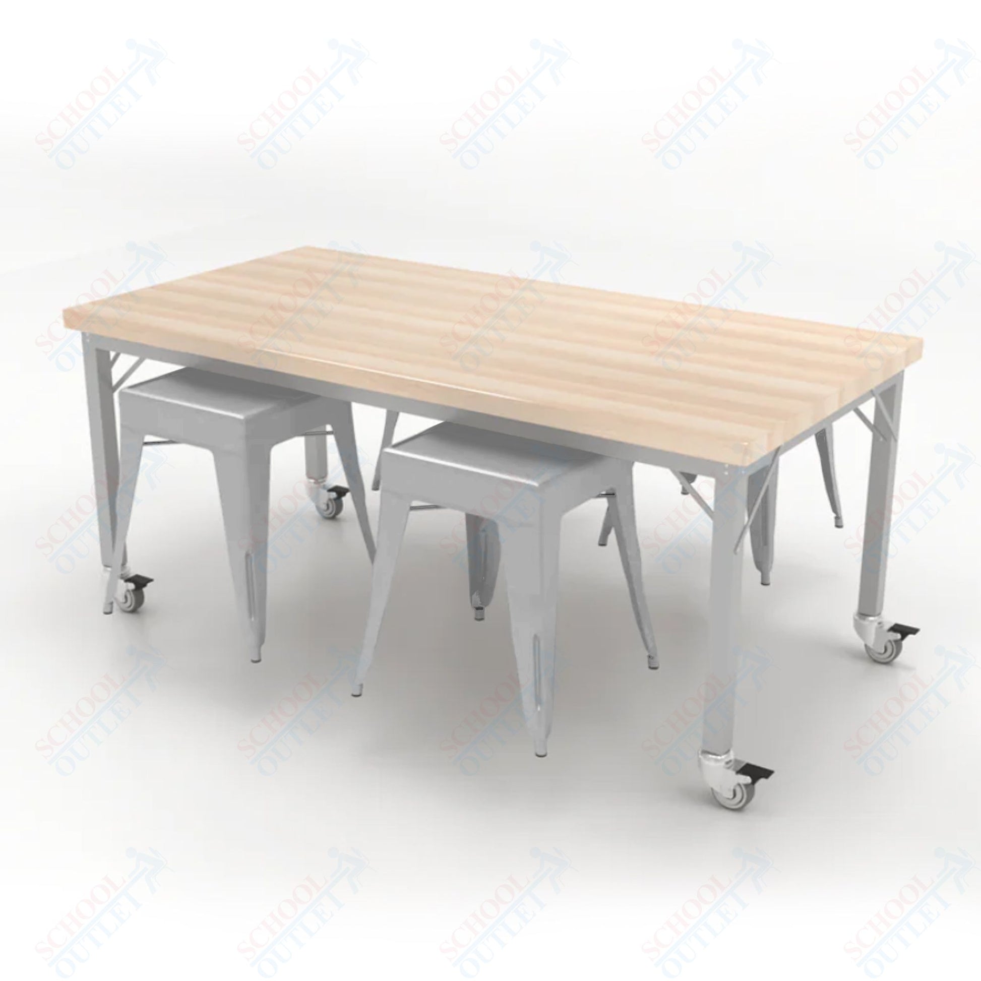 CEF Brainstorm Workbench 26"H with Butcher Block Top and Steel Frame, 4 Magnetic Metal Stools Included, for Kindergarten - 2nd Grade - SchoolOutlet