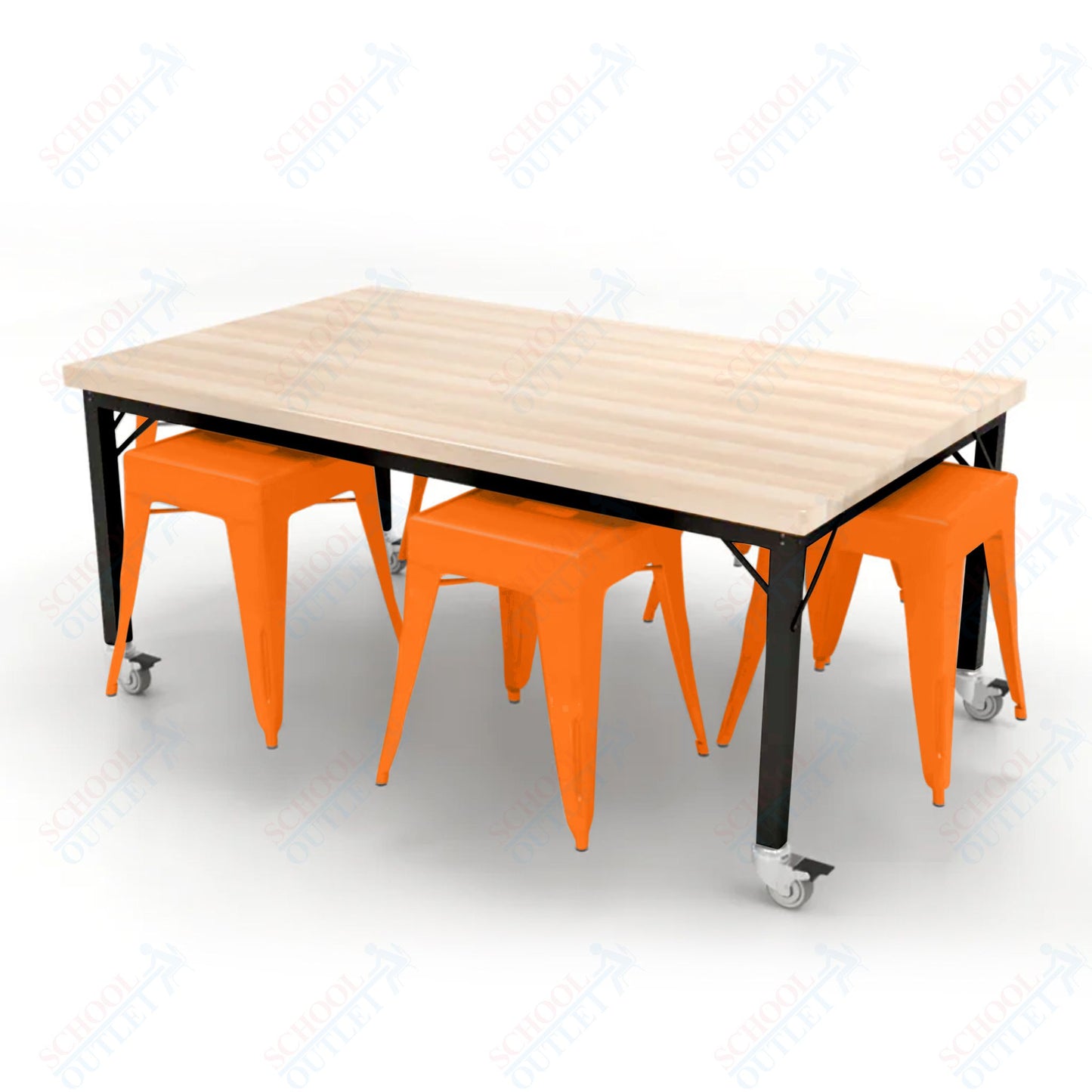 CEF Brainstorm Workbench 26"H with Butcher Block Top and Steel Frame, 6 Magnetic Metal Stools Included, for Kindergarten - 2nd Grade - SchoolOutlet