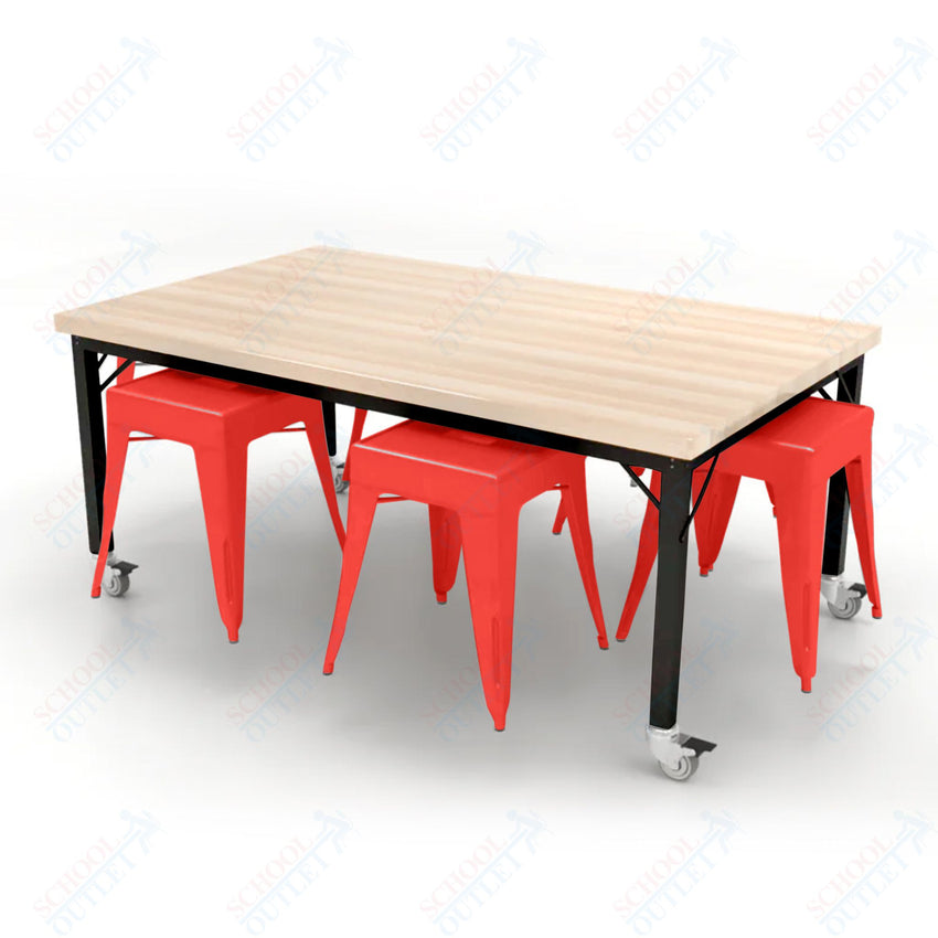 CEF Brainstorm Workbench 26"H with Butcher Block Top and Steel Frame, 6 Magnetic Metal Stools Included, for Kindergarten - 2nd Grade - SchoolOutlet