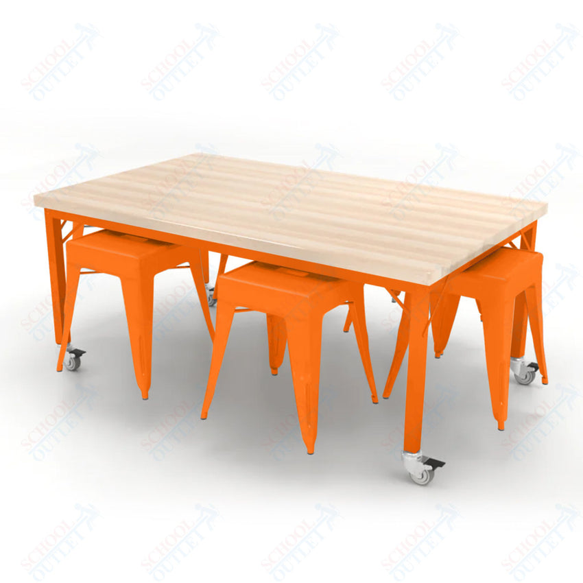 CEF Brainstorm Workbench 26"H with Butcher Block Top and Steel Frame, 6 Magnetic Metal Stools Included, for Kindergarten - 2nd Grade - SchoolOutlet