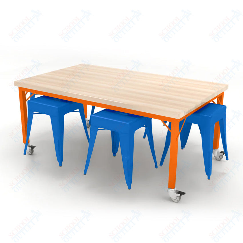 CEF Brainstorm Workbench 26"H with Butcher Block Top and Steel Frame, 6 Magnetic Metal Stools Included, for Kindergarten - 2nd Grade - SchoolOutlet