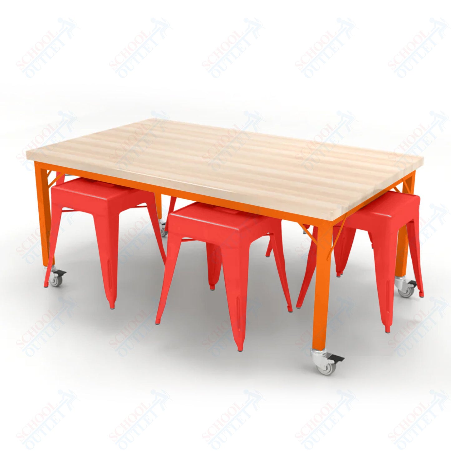 CEF Brainstorm Workbench 26"H with Butcher Block Top and Steel Frame, 6 Magnetic Metal Stools Included, for Kindergarten - 2nd Grade - SchoolOutlet