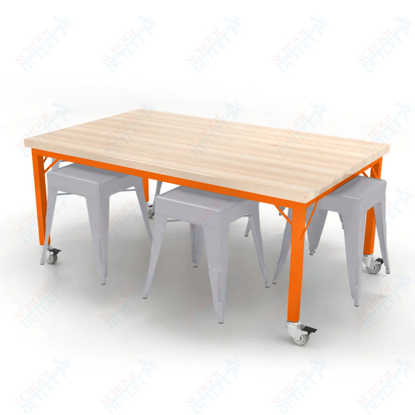 CEF Brainstorm Workbench 26"H with Butcher Block Top and Steel Frame, 6 Magnetic Metal Stools Included, for Kindergarten - 2nd Grade - SchoolOutlet