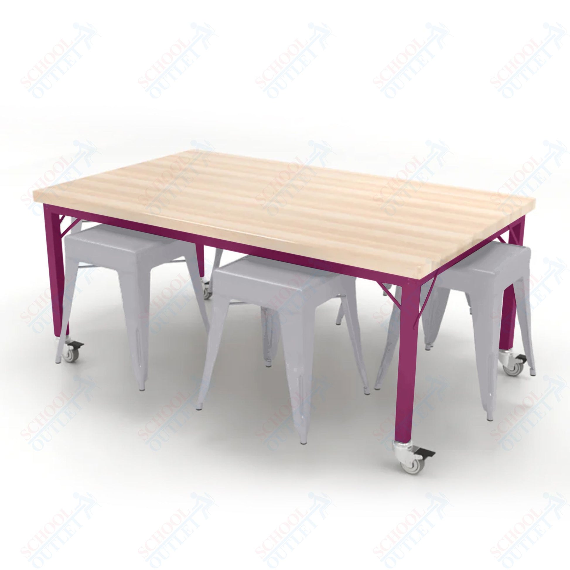 CEF Brainstorm Workbench 26"H with Butcher Block Top and Steel Frame, 6 Magnetic Metal Stools Included, for Kindergarten - 2nd Grade - SchoolOutlet