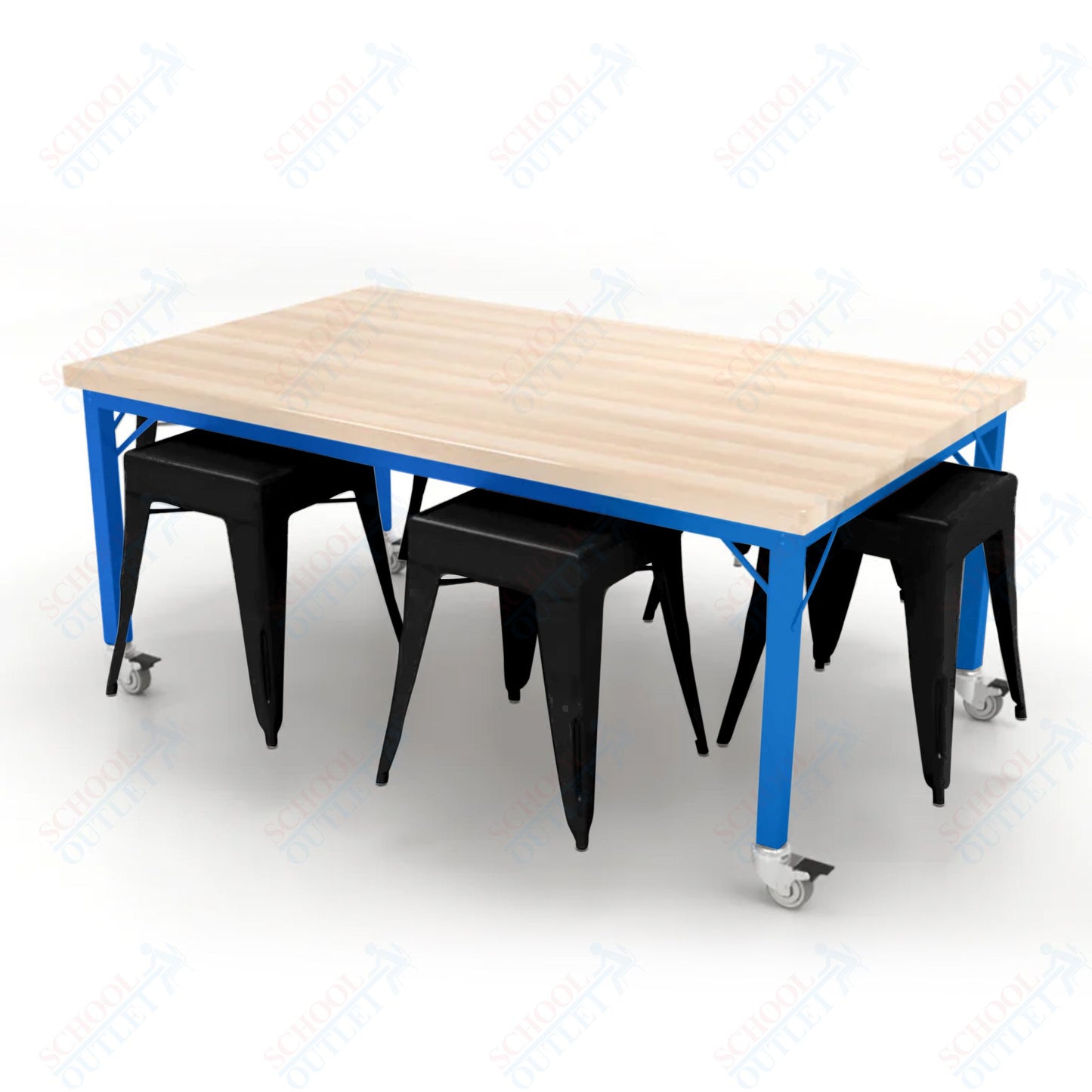 CEF Brainstorm Workbench 26"H with Butcher Block Top and Steel Frame, 6 Magnetic Metal Stools Included, for Kindergarten - 2nd Grade - SchoolOutlet