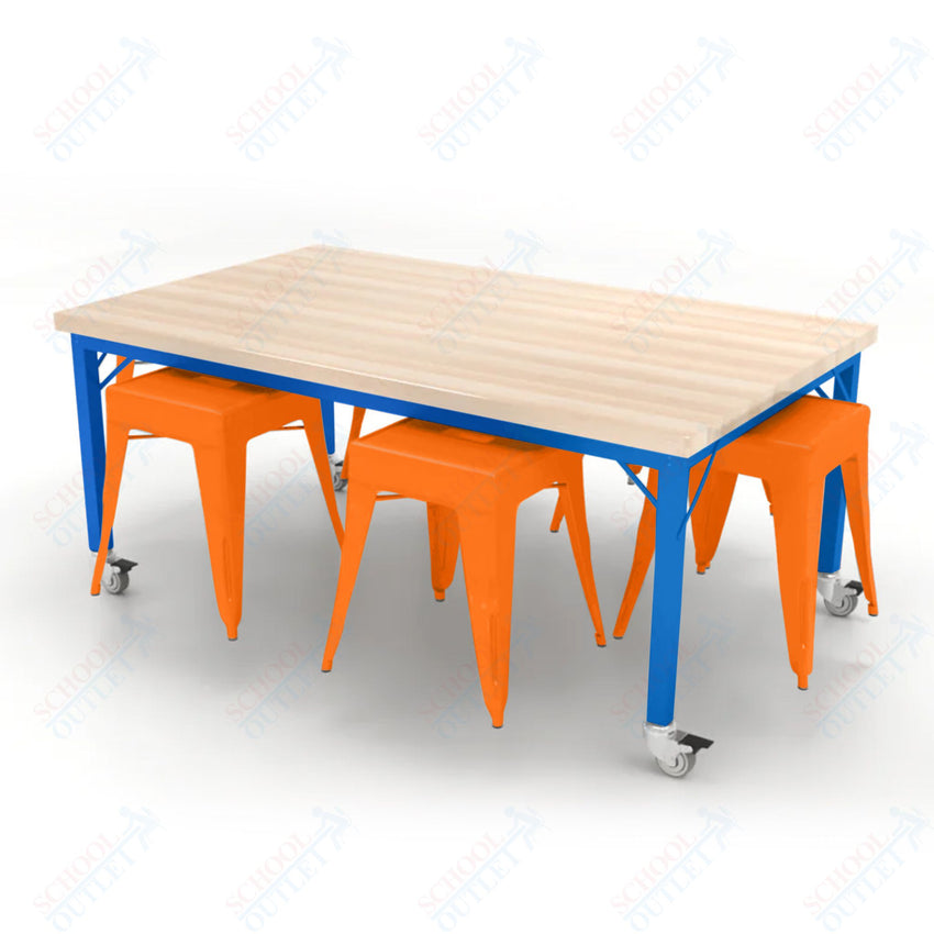 CEF Brainstorm Workbench 26"H with Butcher Block Top and Steel Frame, 6 Magnetic Metal Stools Included, for Kindergarten - 2nd Grade - SchoolOutlet