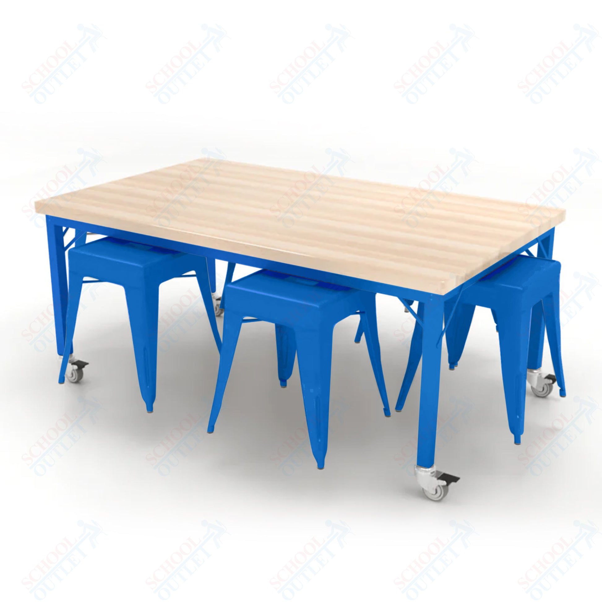 CEF Brainstorm Workbench 26"H with Butcher Block Top and Steel Frame, 6 Magnetic Metal Stools Included, for Kindergarten - 2nd Grade - SchoolOutlet