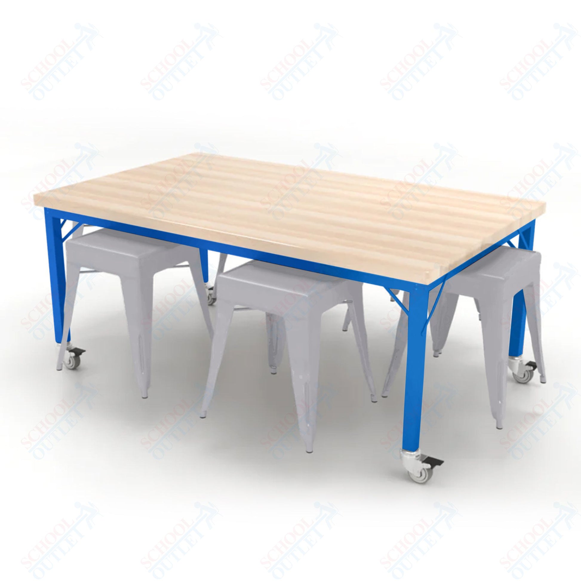 CEF Brainstorm Workbench 26"H with Butcher Block Top and Steel Frame, 6 Magnetic Metal Stools Included, for Kindergarten - 2nd Grade - SchoolOutlet