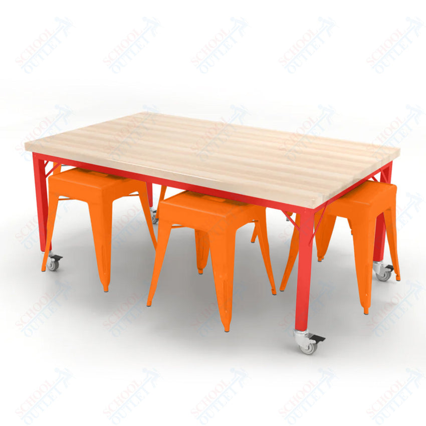 CEF Brainstorm Workbench 26"H with Butcher Block Top and Steel Frame, 6 Magnetic Metal Stools Included, for Kindergarten - 2nd Grade - SchoolOutlet