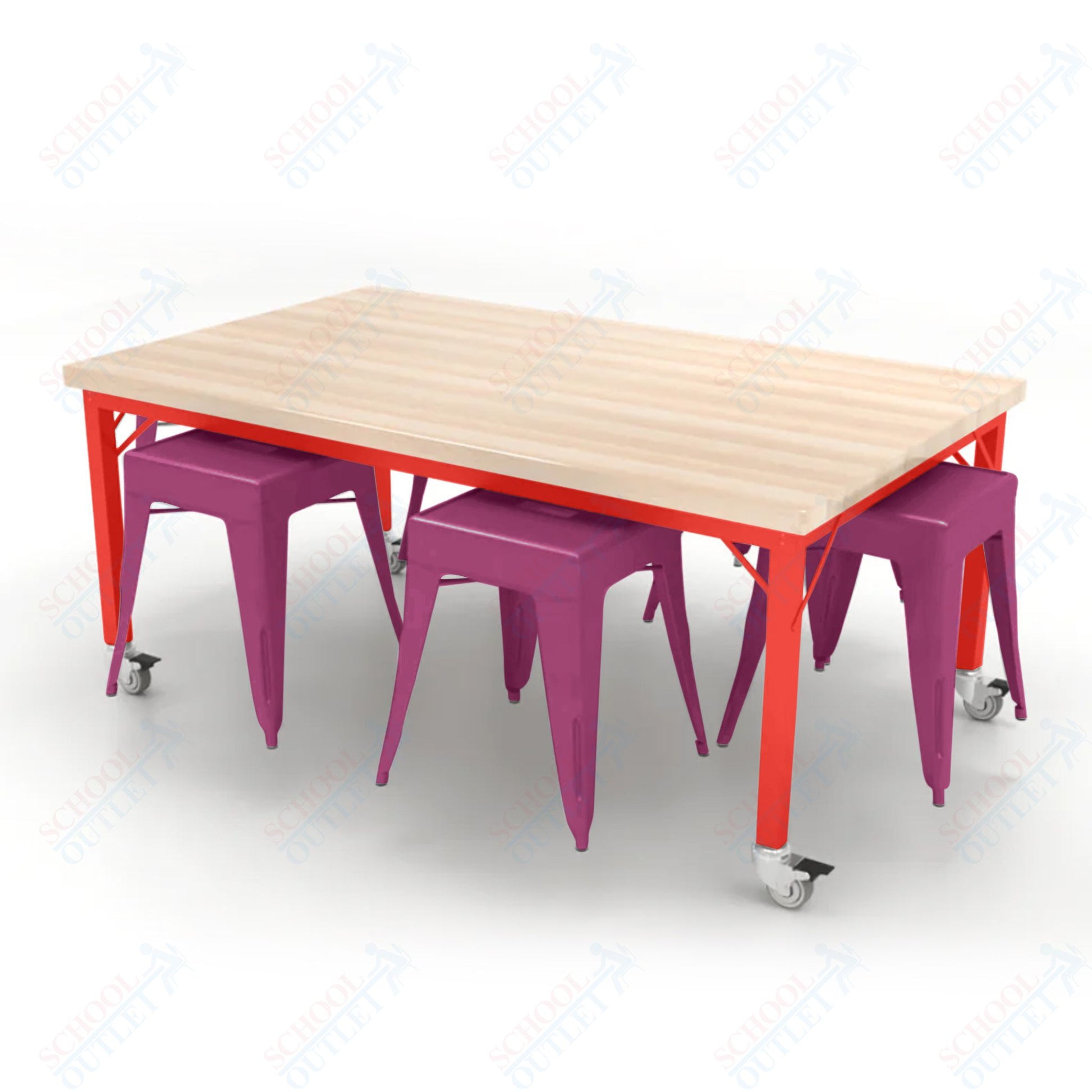 CEF Brainstorm Workbench 26"H with Butcher Block Top and Steel Frame, 6 Magnetic Metal Stools Included, for Kindergarten - 2nd Grade - SchoolOutlet