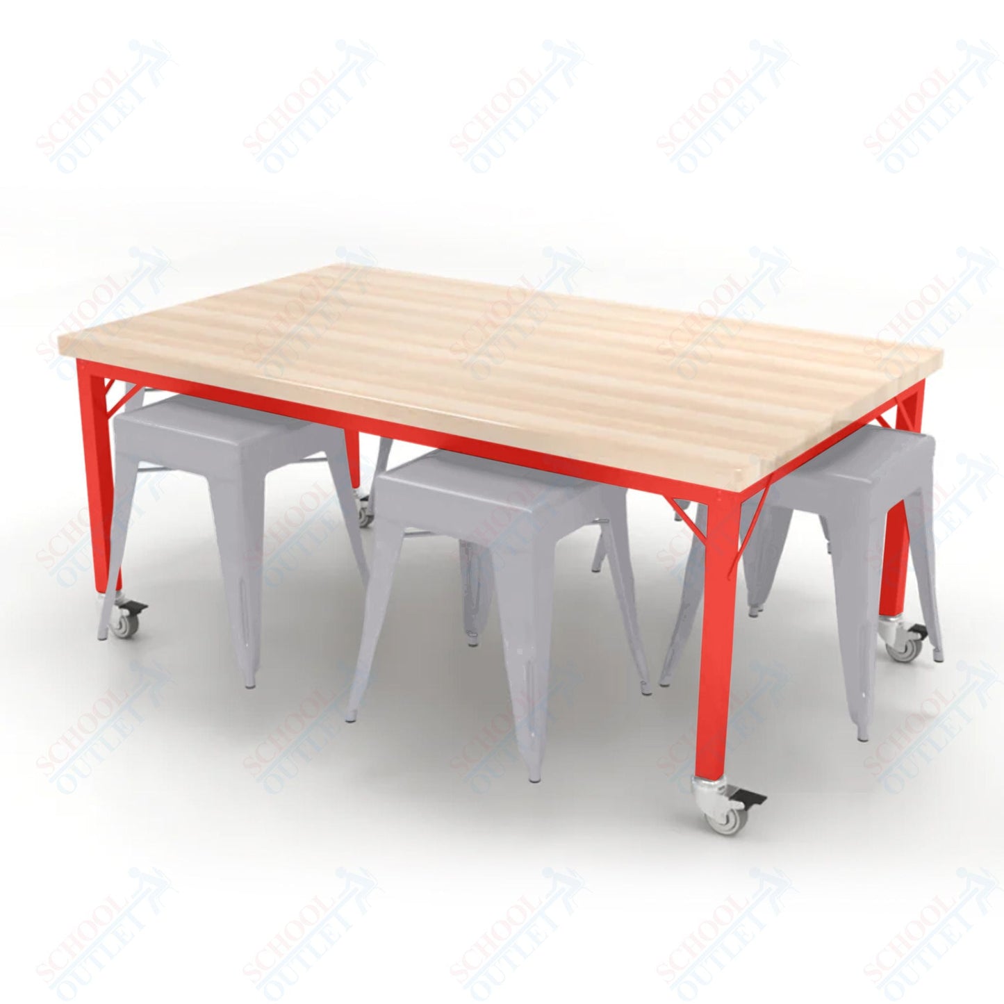 CEF Brainstorm Workbench 26"H with Butcher Block Top and Steel Frame, 6 Magnetic Metal Stools Included, for Kindergarten - 2nd Grade - SchoolOutlet