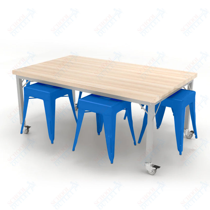 CEF Brainstorm Workbench 26"H with Butcher Block Top and Steel Frame, 6 Magnetic Metal Stools Included, for Kindergarten - 2nd Grade - SchoolOutlet