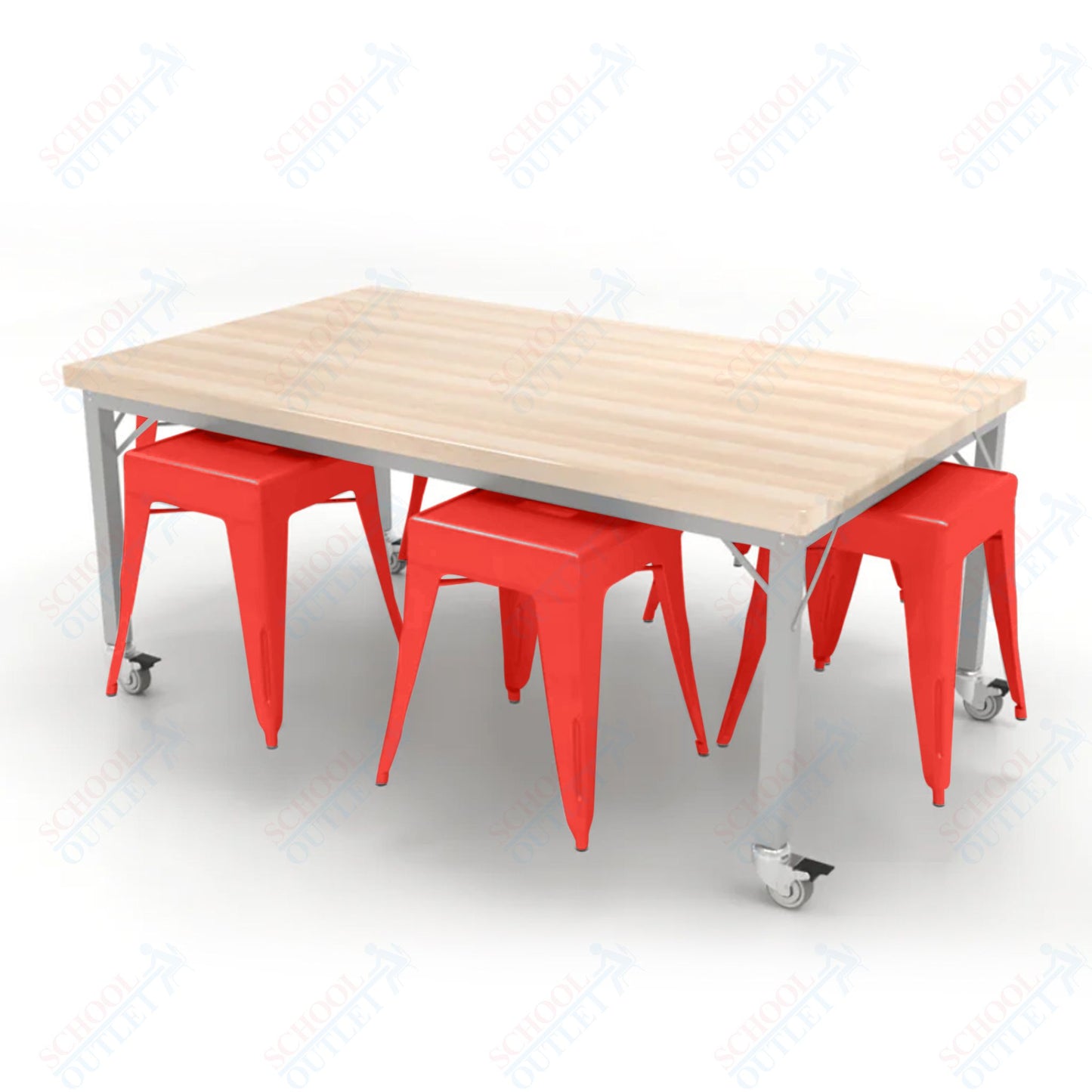 CEF Brainstorm Workbench 26"H with Butcher Block Top and Steel Frame, 6 Magnetic Metal Stools Included, for Kindergarten - 2nd Grade - SchoolOutlet