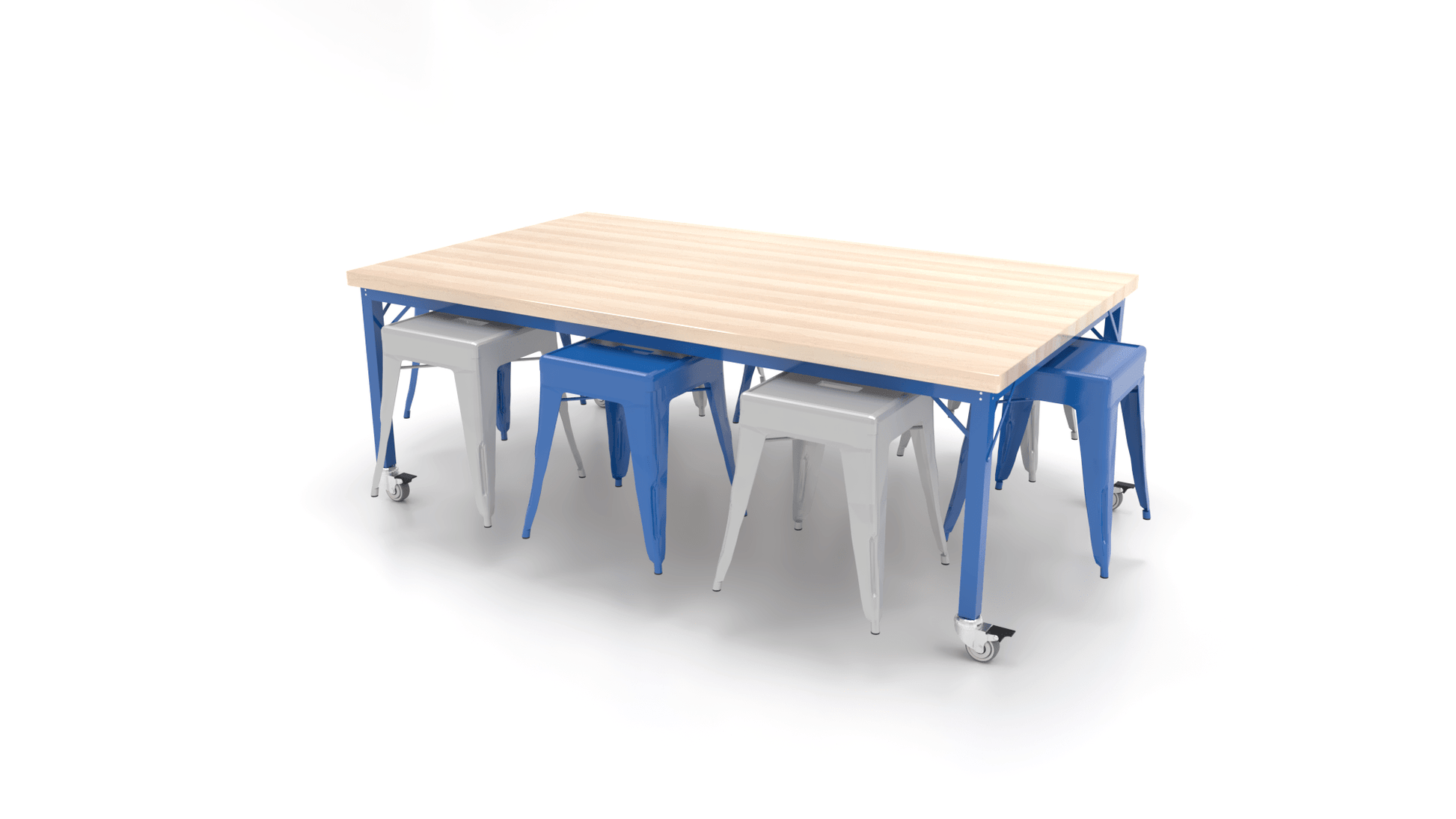 CEF Brainstorm Workbench 26"H with Butcher Block Top and Steel Frame, 8 Magnetic Metal Stools Included, for Kindergarten - 2nd Grade - SchoolOutlet