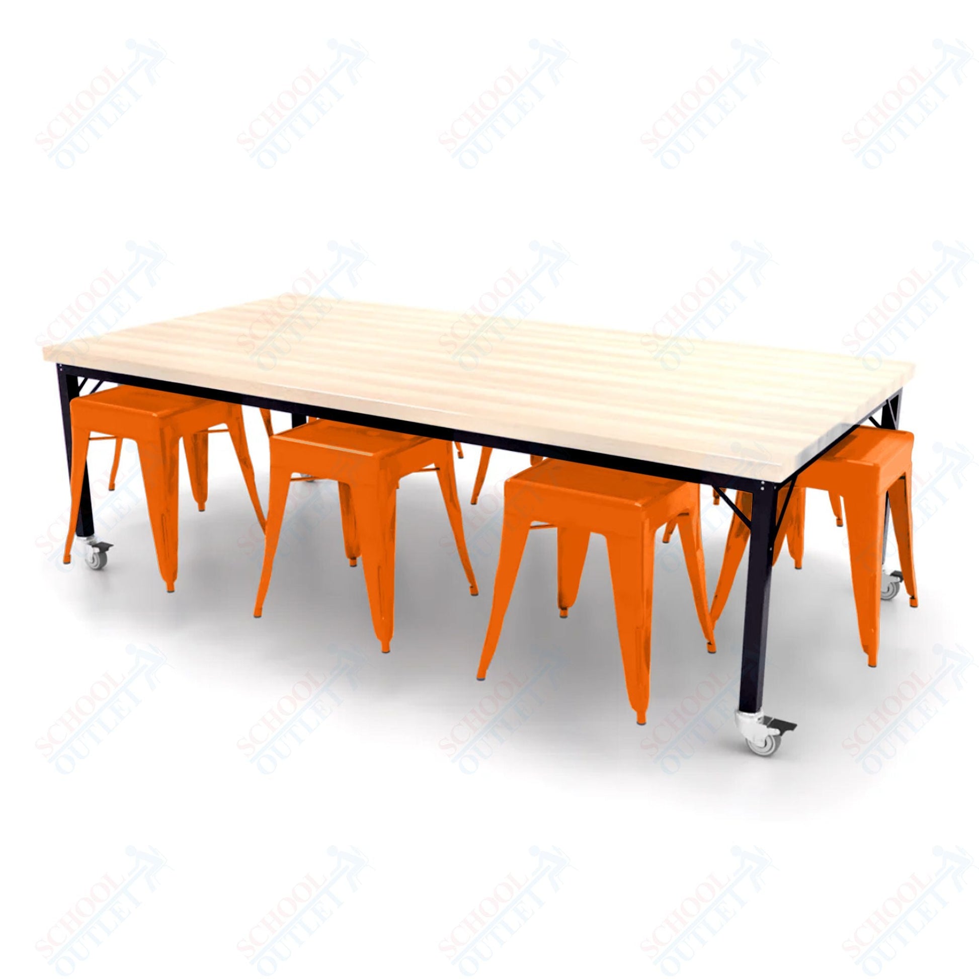 CEF Brainstorm Workbench 26"H with Butcher Block Top and Steel Frame, 8 Magnetic Metal Stools Included, for Kindergarten - 2nd Grade - SchoolOutlet