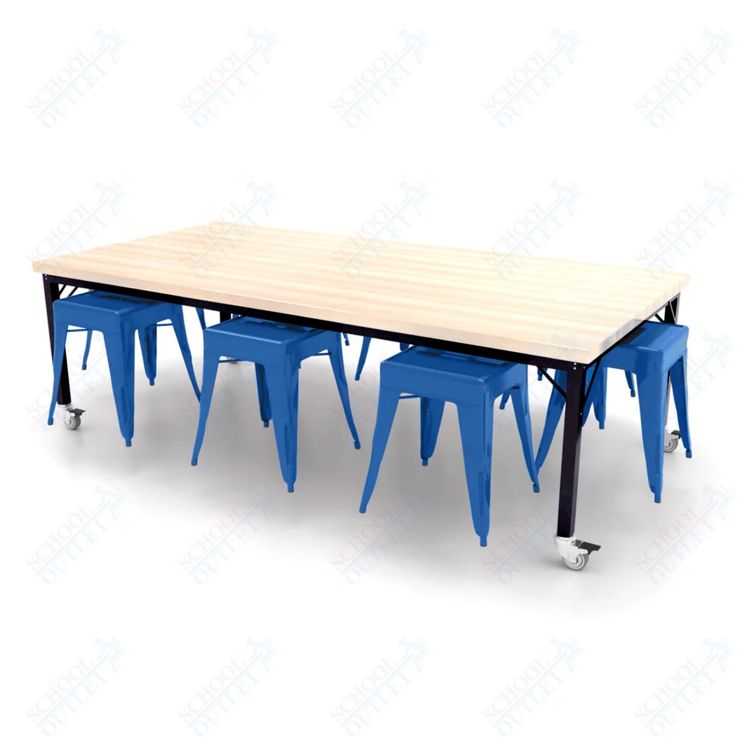 CEF Brainstorm Workbench 26"H with Butcher Block Top and Steel Frame, 8 Magnetic Metal Stools Included, for Kindergarten - 2nd Grade - SchoolOutlet