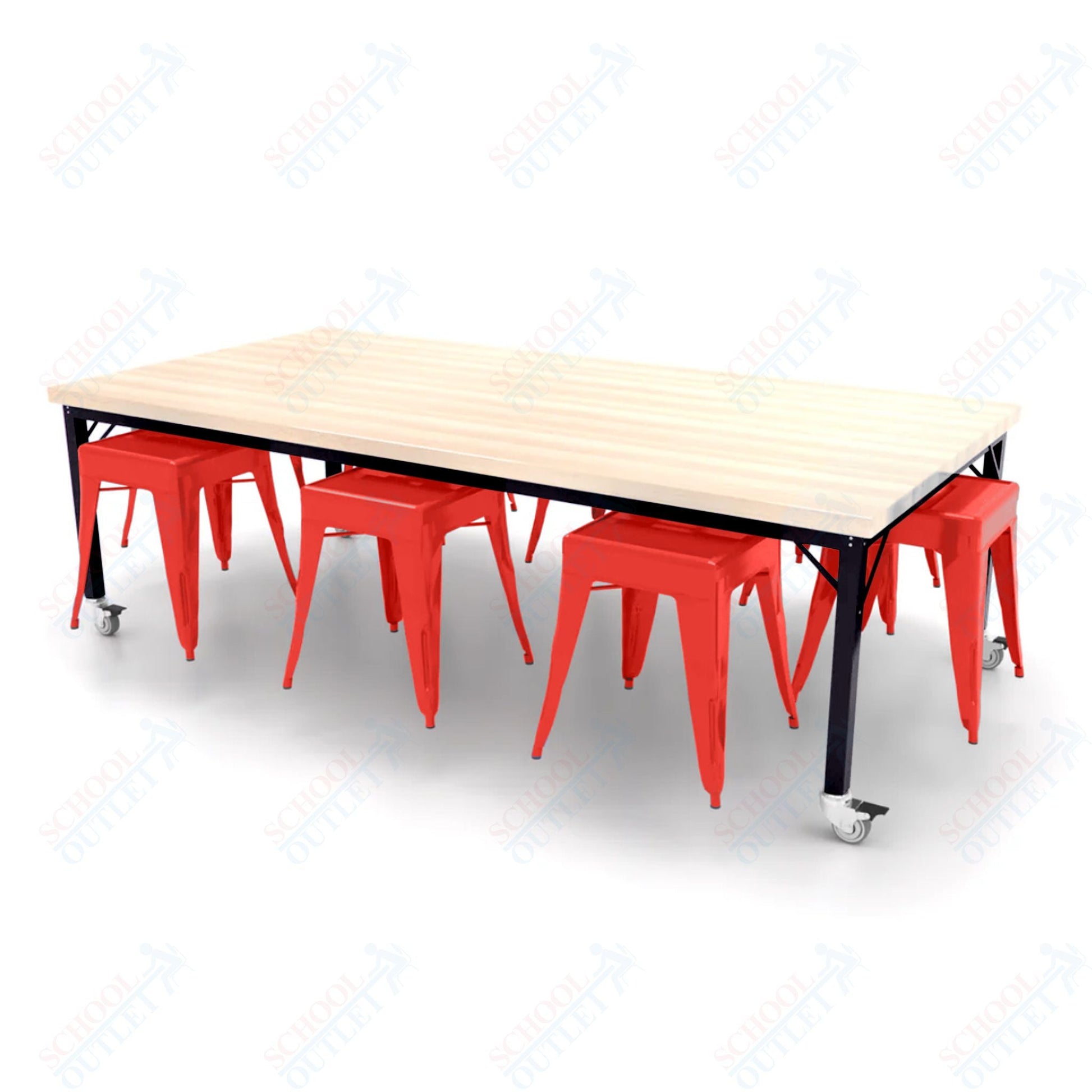 CEF Brainstorm Workbench 26"H with Butcher Block Top and Steel Frame, 8 Magnetic Metal Stools Included, for Kindergarten - 2nd Grade - SchoolOutlet