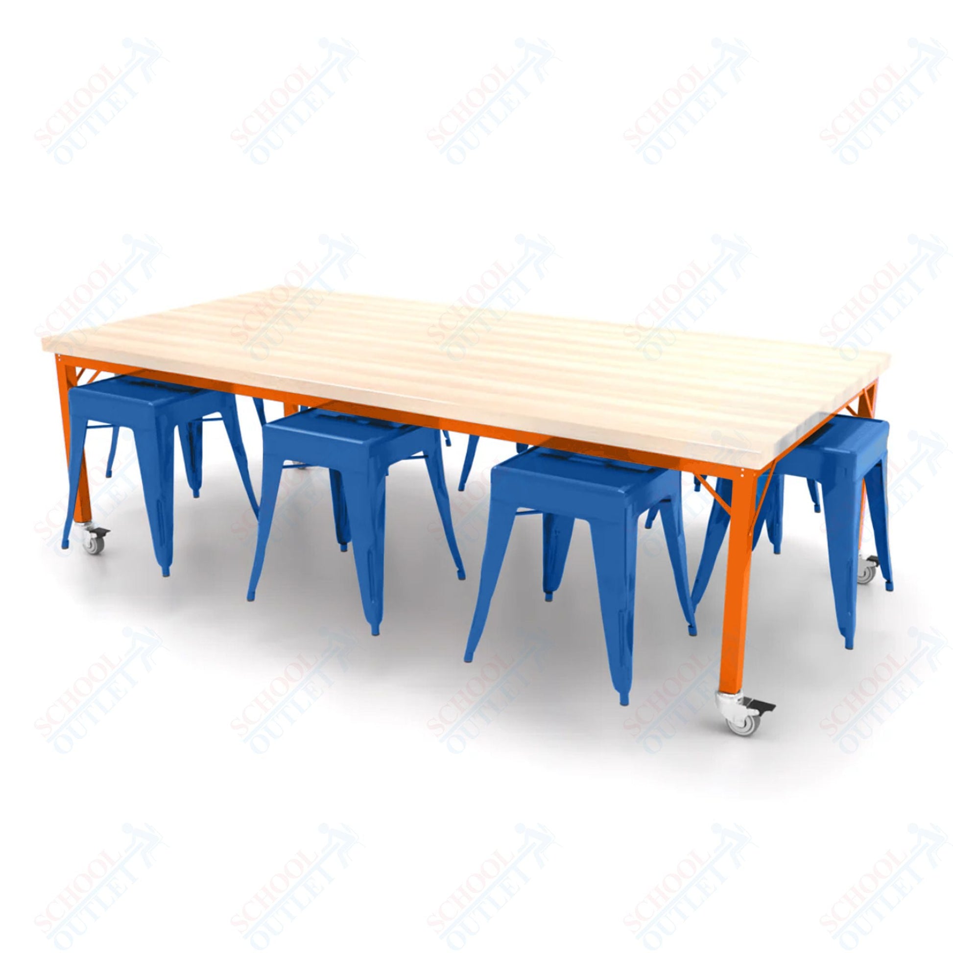 CEF Brainstorm Workbench 26"H with Butcher Block Top and Steel Frame, 8 Magnetic Metal Stools Included, for Kindergarten - 2nd Grade - SchoolOutlet