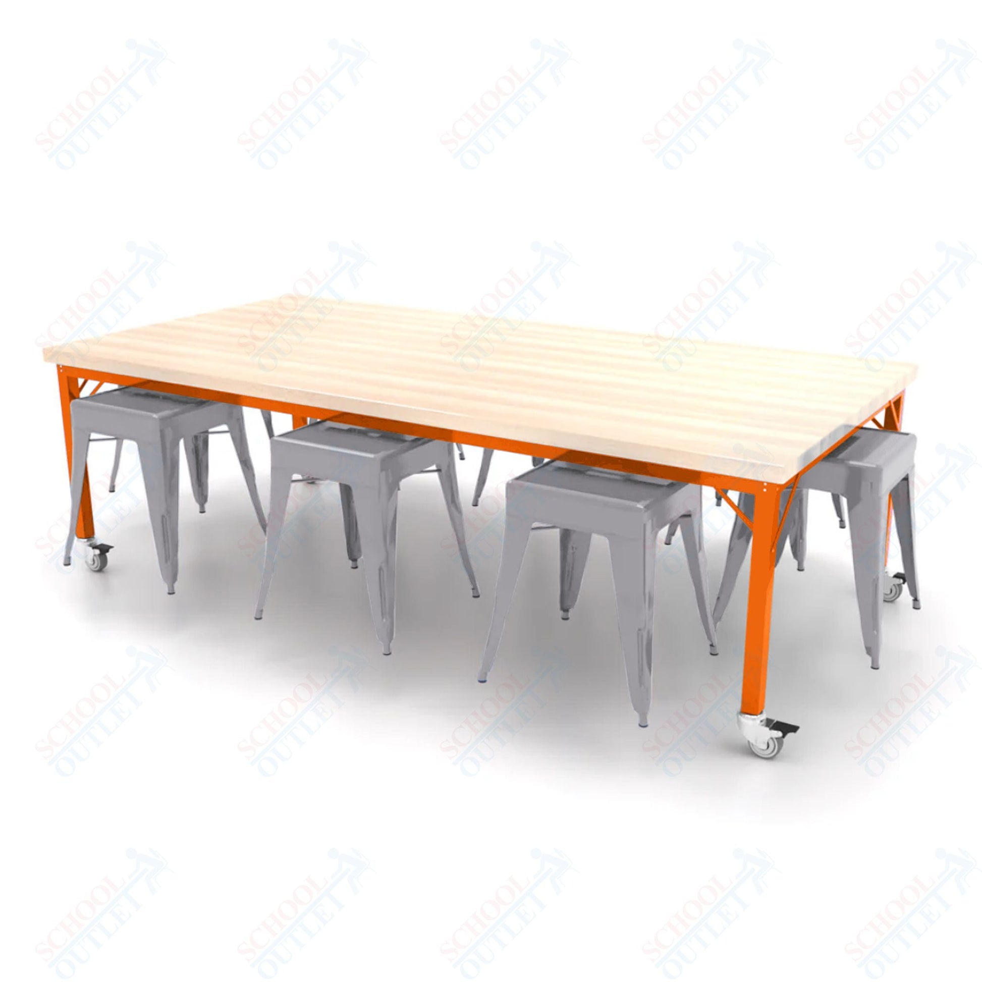 CEF Brainstorm Workbench 26"H with Butcher Block Top and Steel Frame, 8 Magnetic Metal Stools Included, for Kindergarten - 2nd Grade - SchoolOutlet