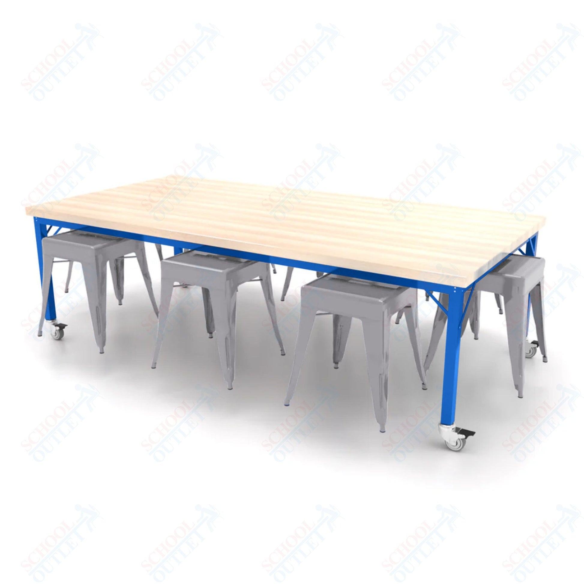 CEF Brainstorm Workbench 26"H with Butcher Block Top and Steel Frame, 8 Magnetic Metal Stools Included, for Kindergarten - 2nd Grade - SchoolOutlet