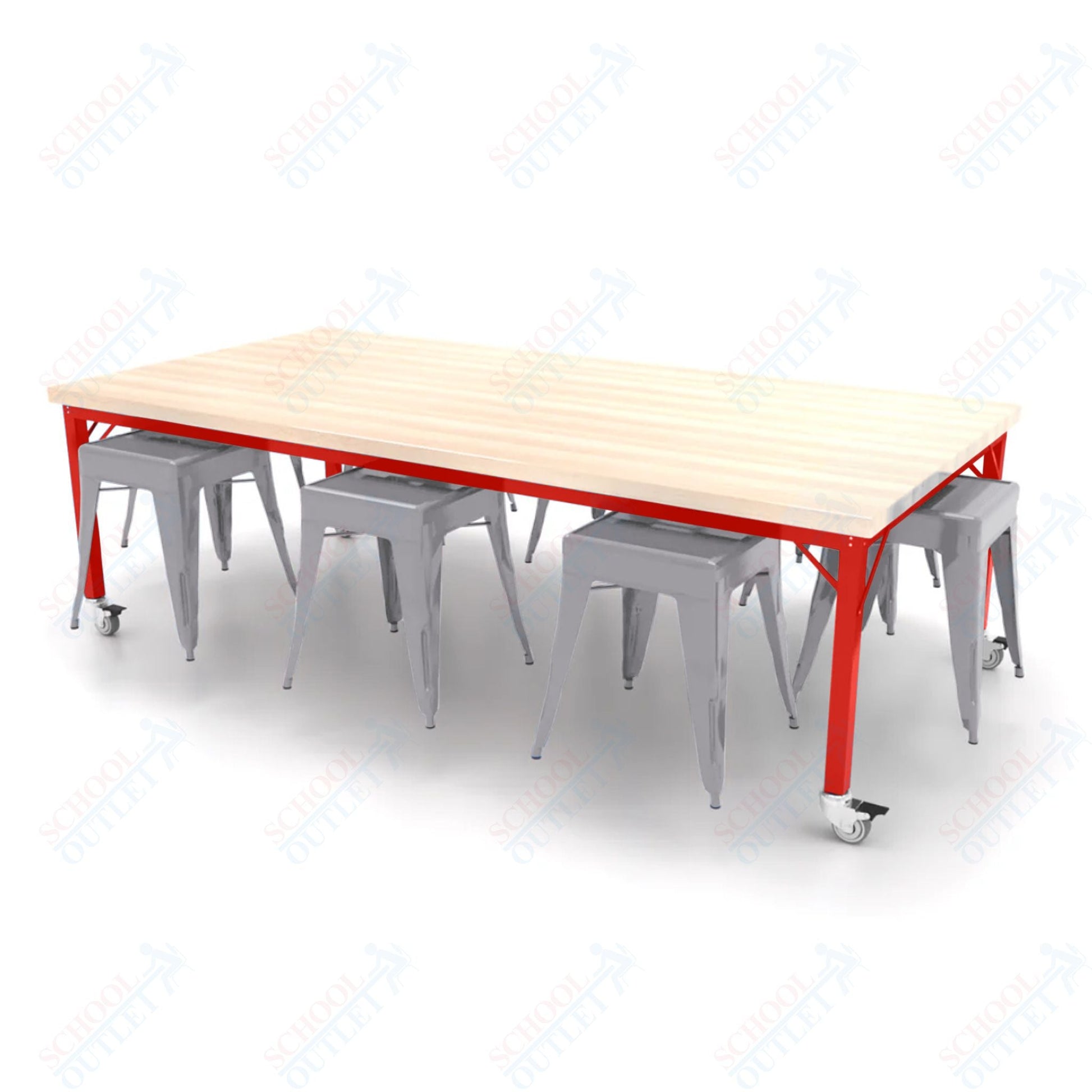 CEF Brainstorm Workbench 26"H with Butcher Block Top and Steel Frame, 8 Magnetic Metal Stools Included, for Kindergarten - 2nd Grade - SchoolOutlet