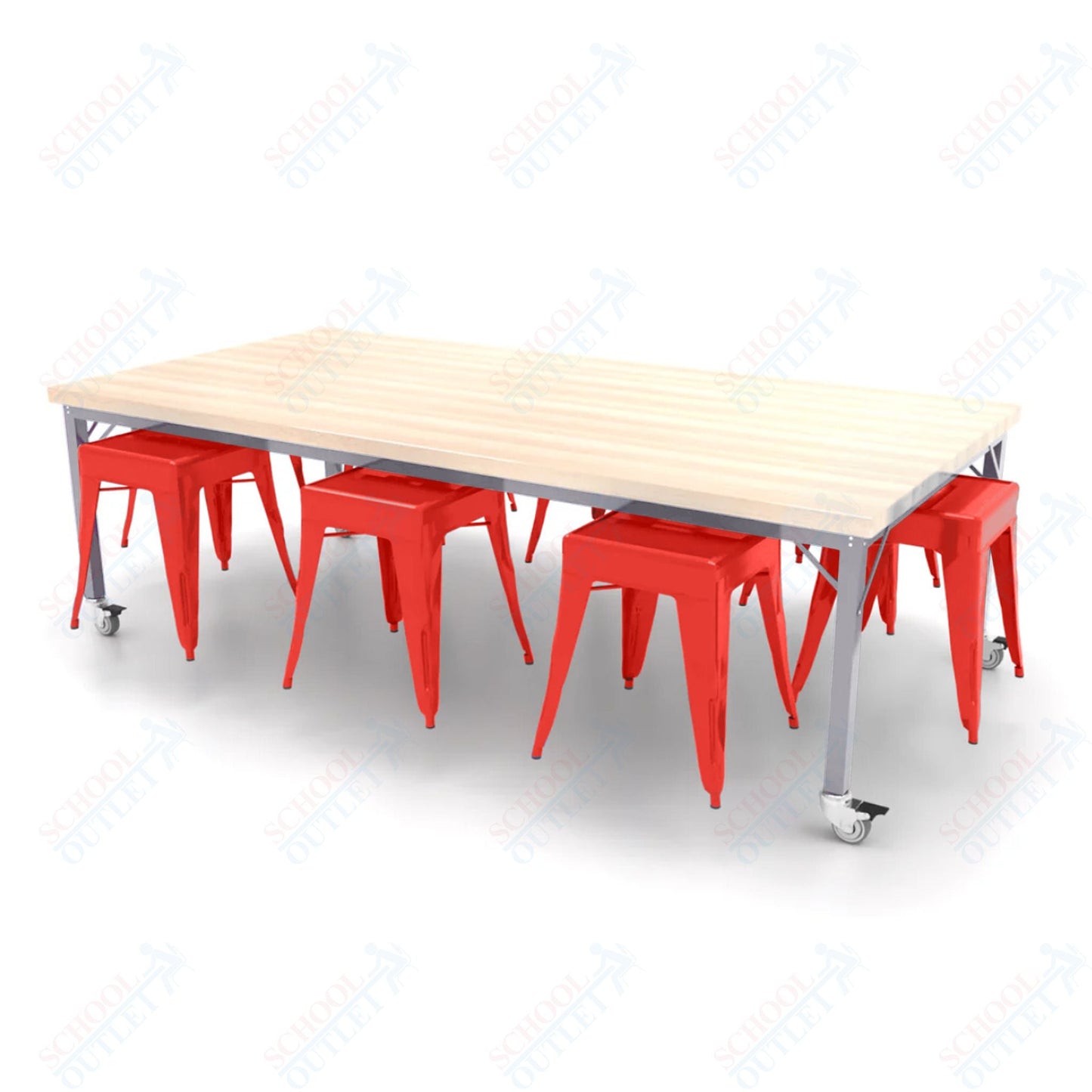 CEF Brainstorm Workbench 26"H with Butcher Block Top and Steel Frame, 8 Magnetic Metal Stools Included, for Kindergarten - 2nd Grade - SchoolOutlet