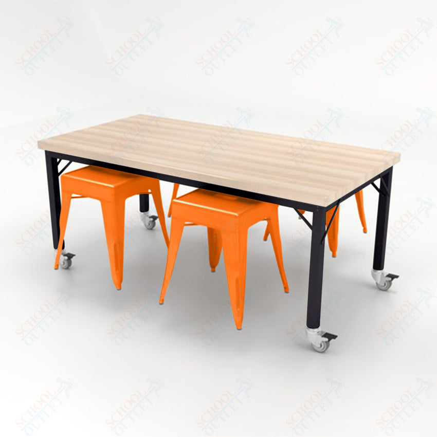 CEF Brainstorm Workbench 30"H with Butcher Block Top and Steel Frame, 4 Magnetic Metal Stools Included, for 3rd Grade and Up - SchoolOutlet