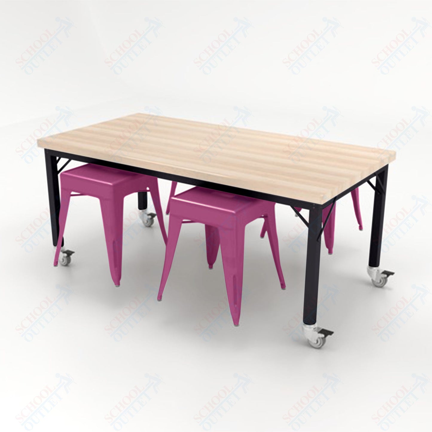 CEF Brainstorm Workbench 30"H with Butcher Block Top and Steel Frame, 4 Magnetic Metal Stools Included, for 3rd Grade and Up - SchoolOutlet