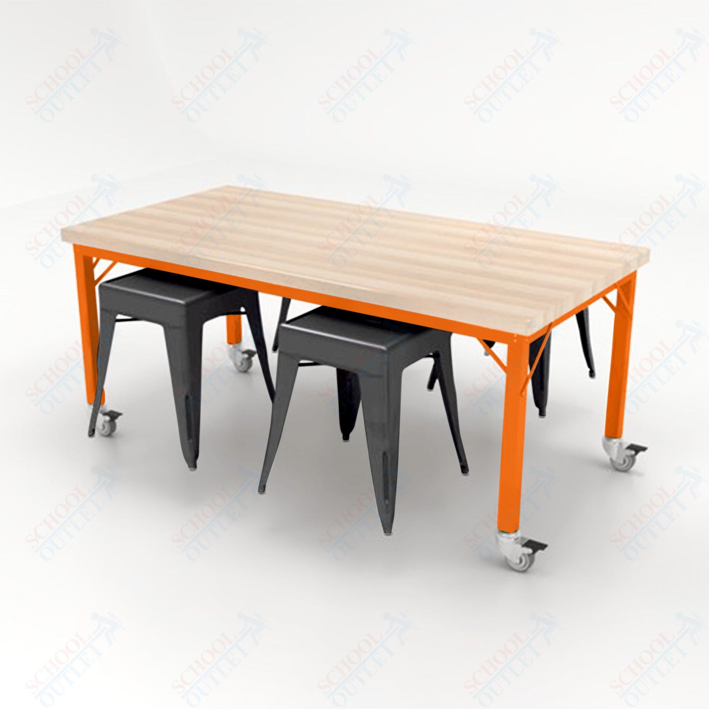 CEF Brainstorm Workbench 30"H with Butcher Block Top and Steel Frame, 4 Magnetic Metal Stools Included, for 3rd Grade and Up - SchoolOutlet