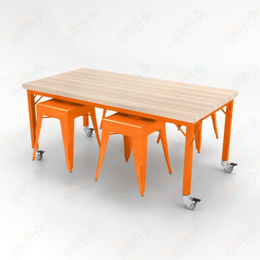 CEF Brainstorm Workbench 30"H with Butcher Block Top and Steel Frame, 4 Magnetic Metal Stools Included, for 3rd Grade and Up - SchoolOutlet