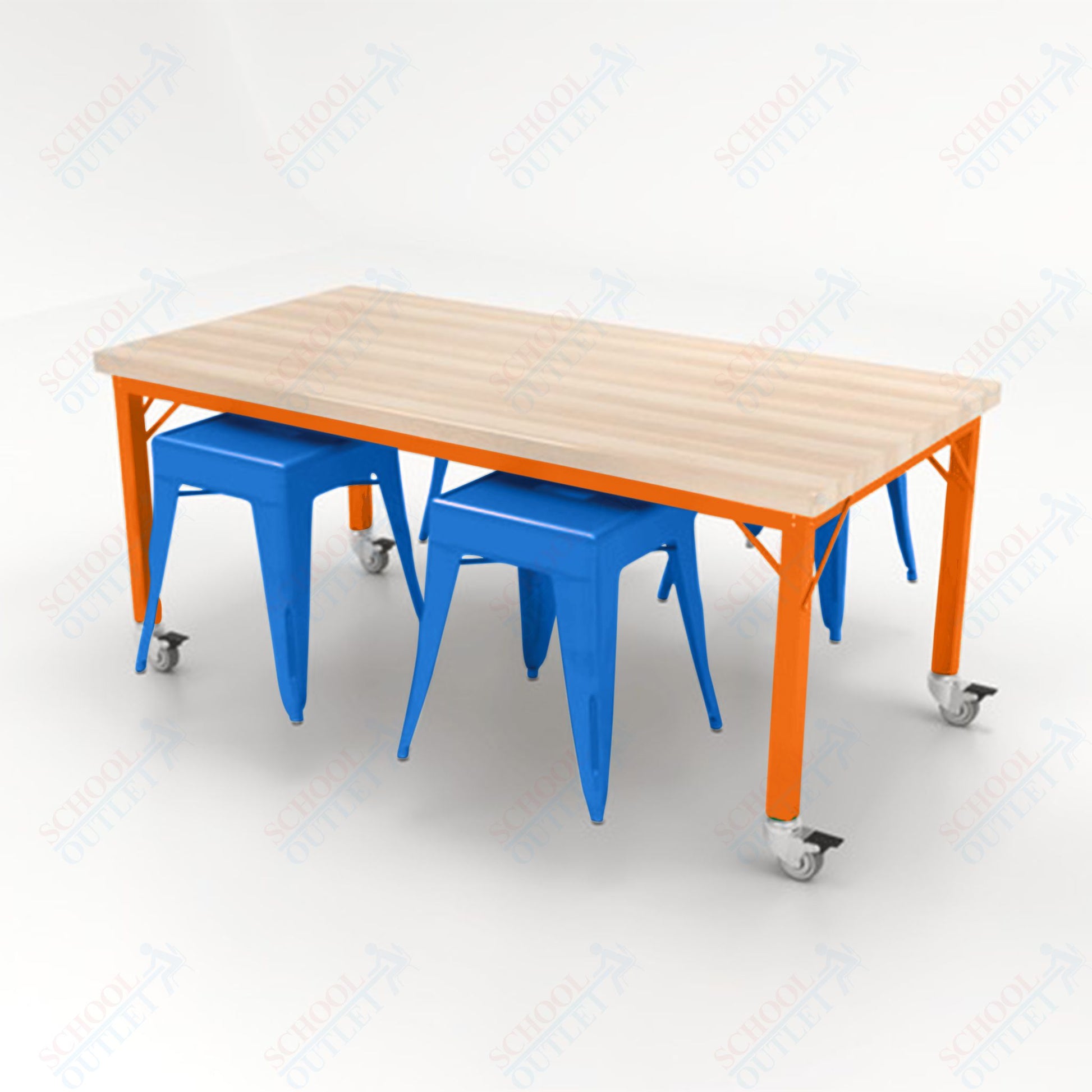 CEF Brainstorm Workbench 30"H with Butcher Block Top and Steel Frame, 4 Magnetic Metal Stools Included, for 3rd Grade and Up - SchoolOutlet