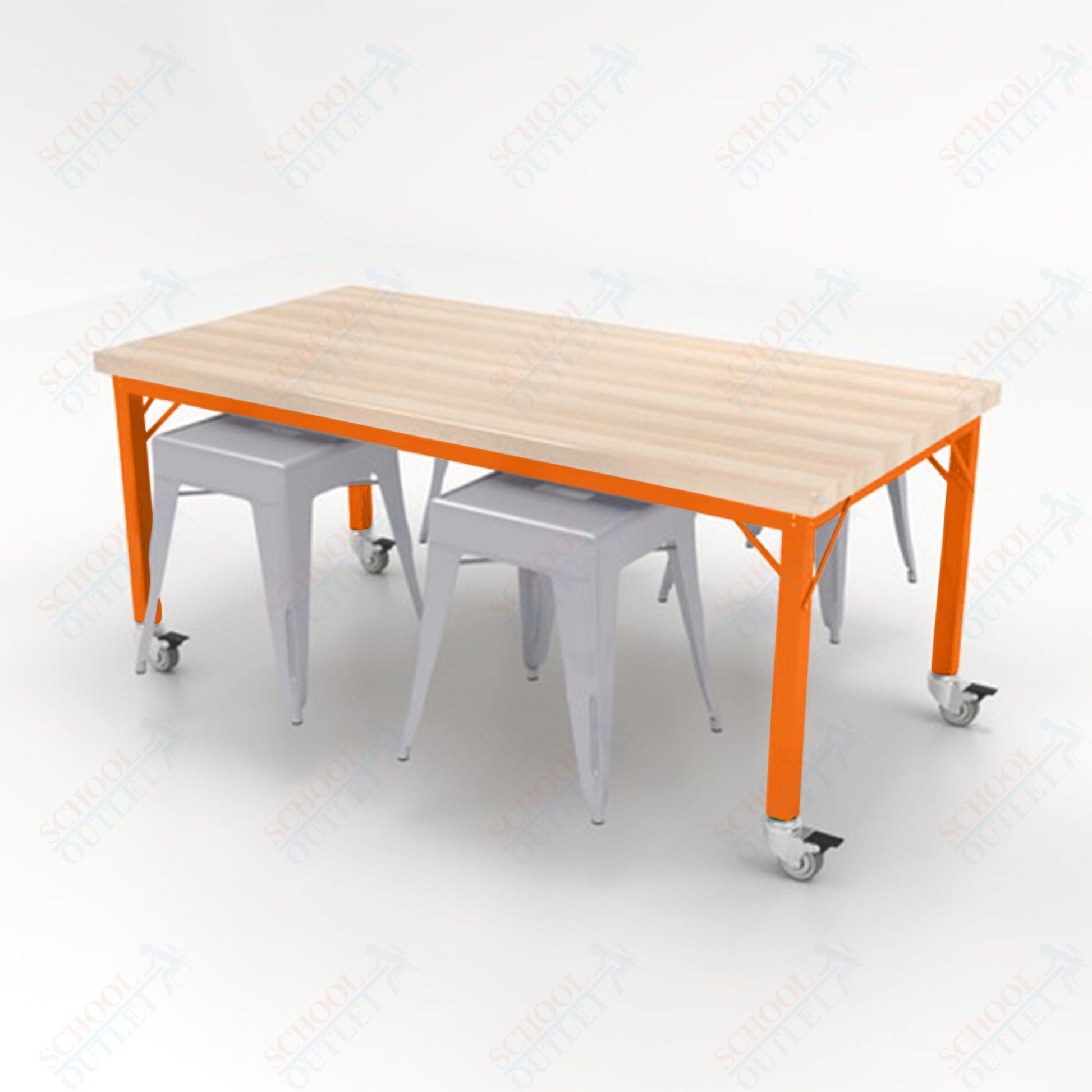 CEF Brainstorm Workbench 30"H with Butcher Block Top and Steel Frame, 4 Magnetic Metal Stools Included, for 3rd Grade and Up - SchoolOutlet