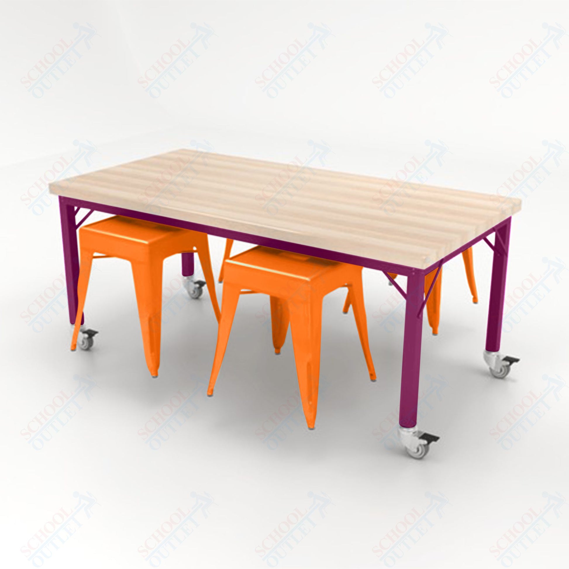 CEF Brainstorm Workbench 30"H with Butcher Block Top and Steel Frame, 4 Magnetic Metal Stools Included, for 3rd Grade and Up - SchoolOutlet