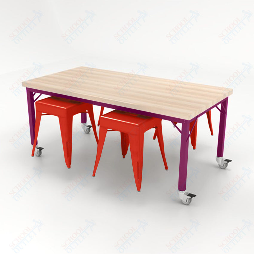 CEF Brainstorm Workbench 30"H with Butcher Block Top and Steel Frame, 4 Magnetic Metal Stools Included, for 3rd Grade and Up - SchoolOutlet